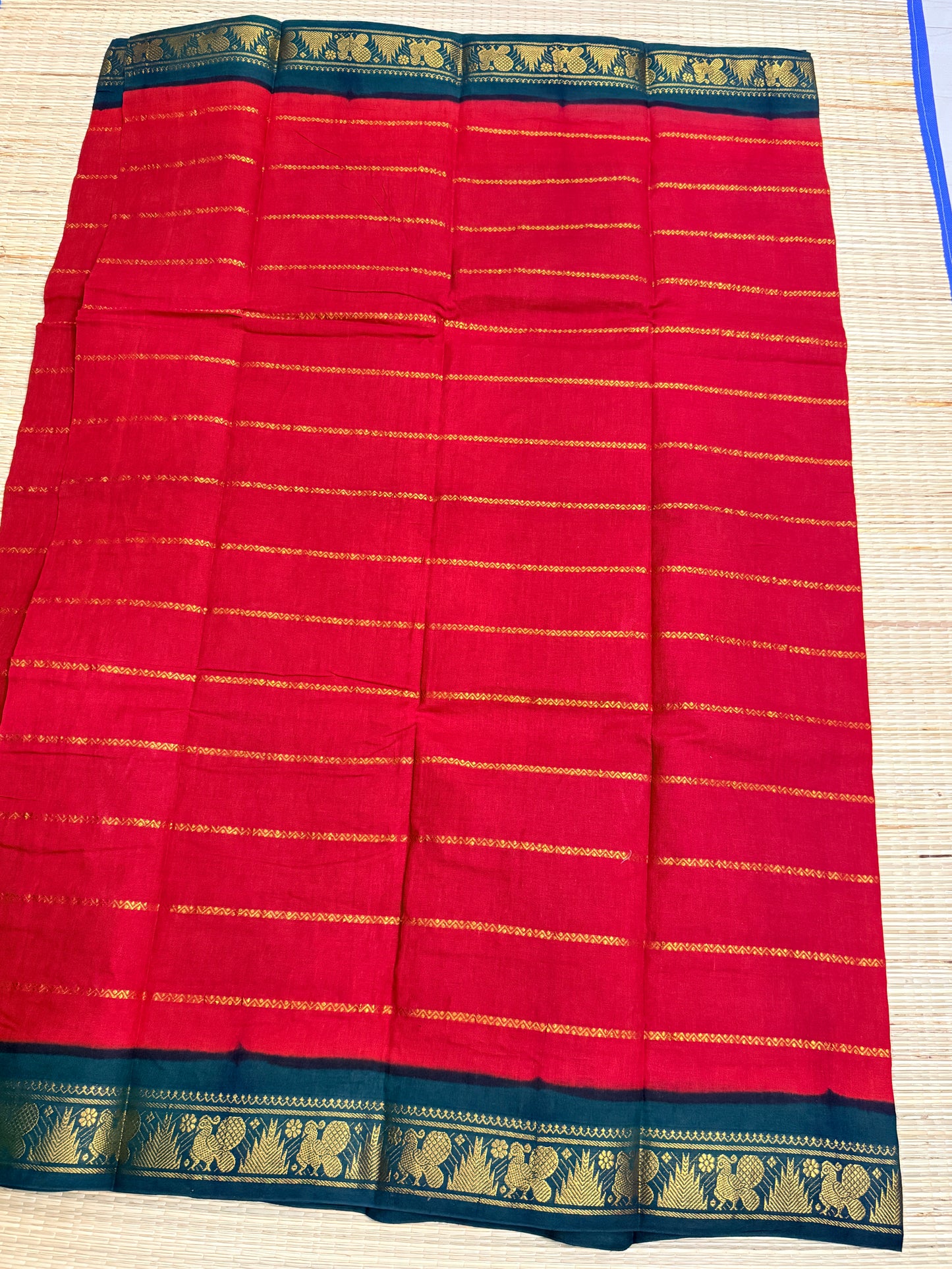 Red & Teal Green Sungudi Cotton Saree with Gold Stripe Body & Peacock Zari Border