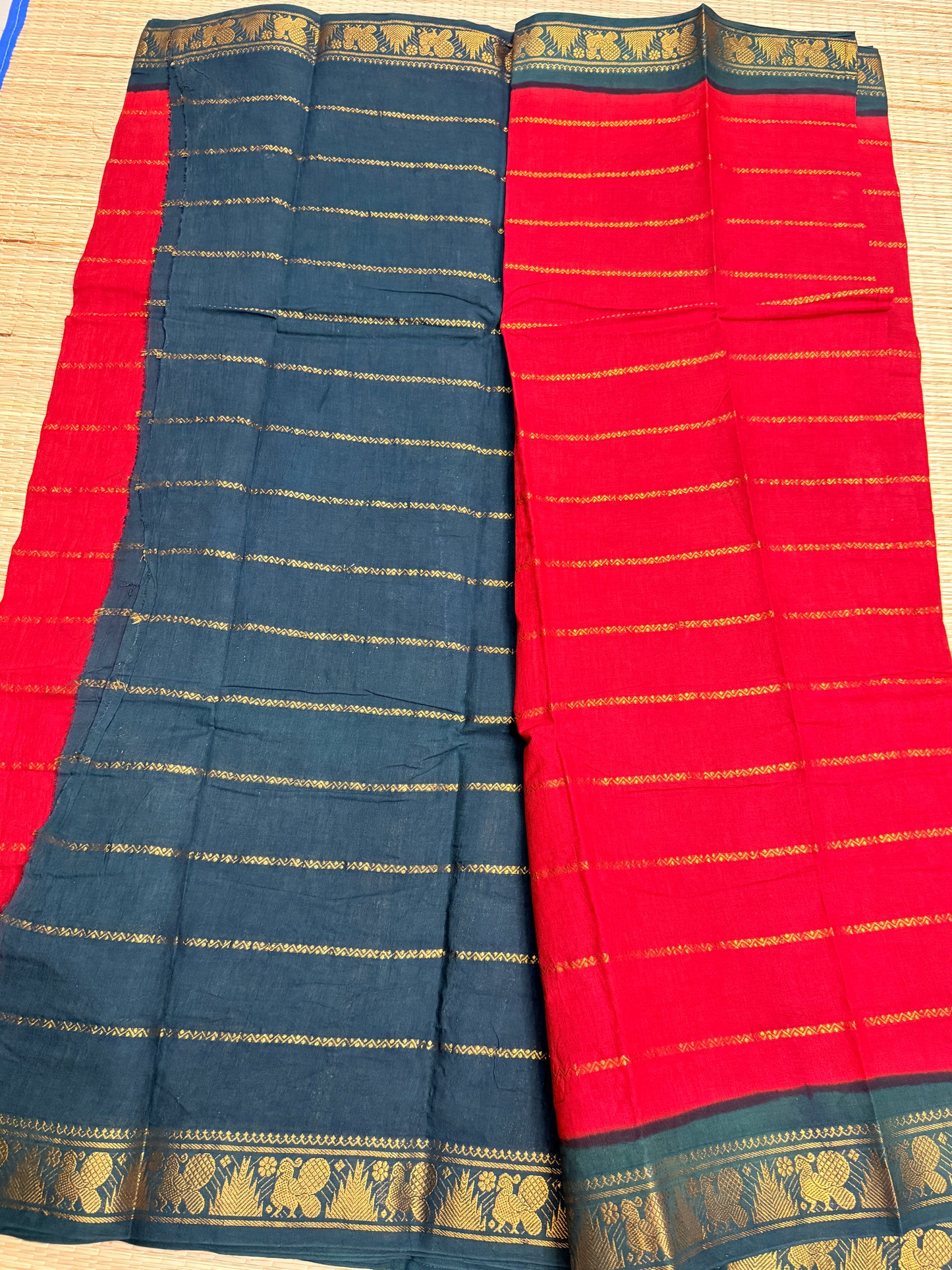 Red & Teal Green Sungudi Cotton Saree with Gold Stripe Body & Peacock Zari Border