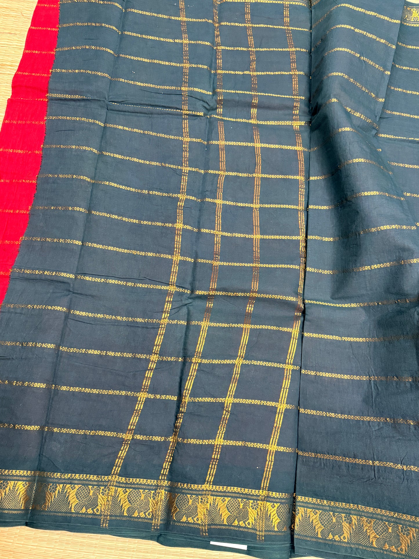 Red & Teal Green Sungudi Cotton Saree with Gold Stripe Body & Peacock Zari Border