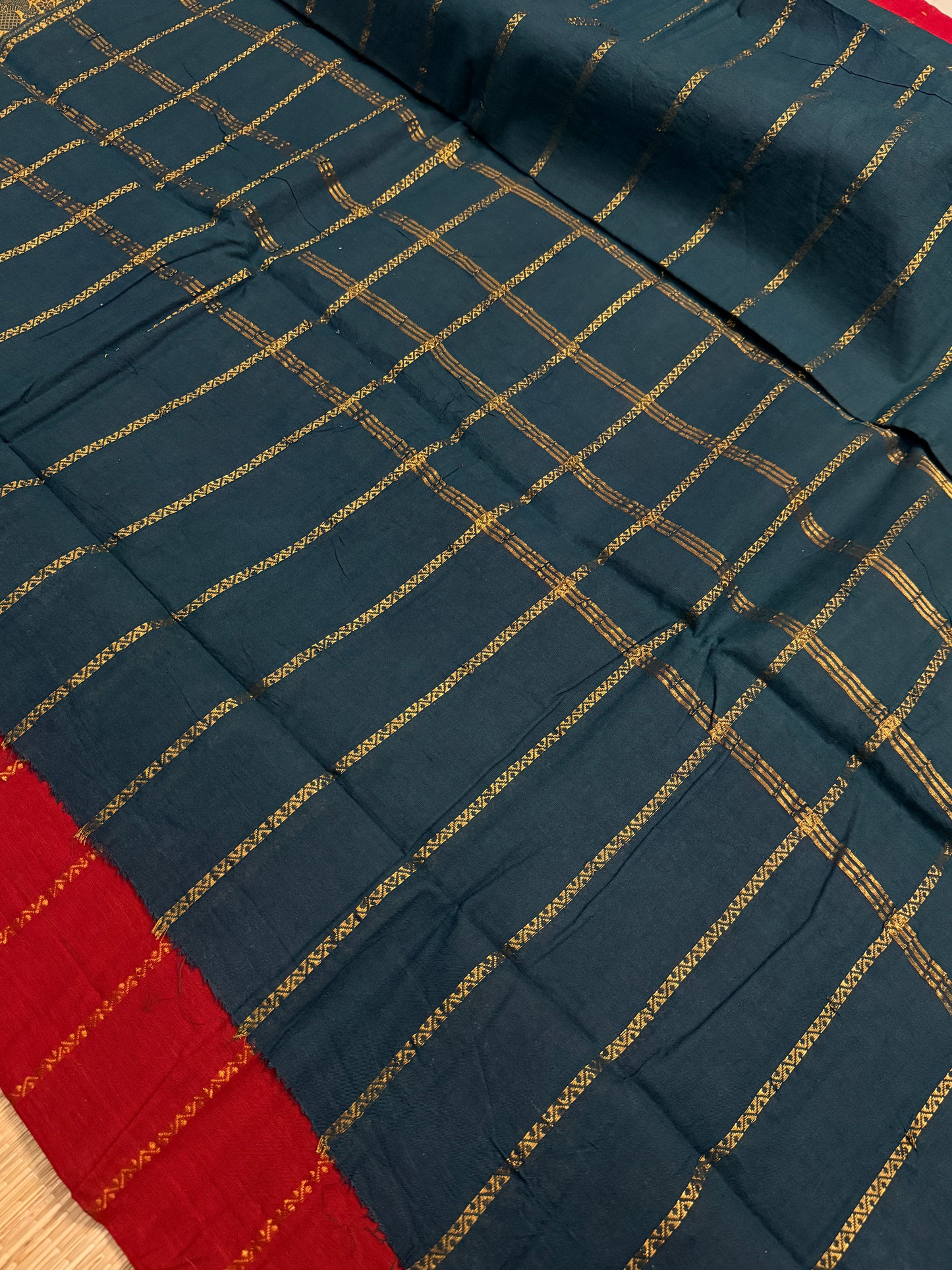 Red & Teal Green Sungudi Cotton Saree with Gold Stripe Body & Peacock Zari Border