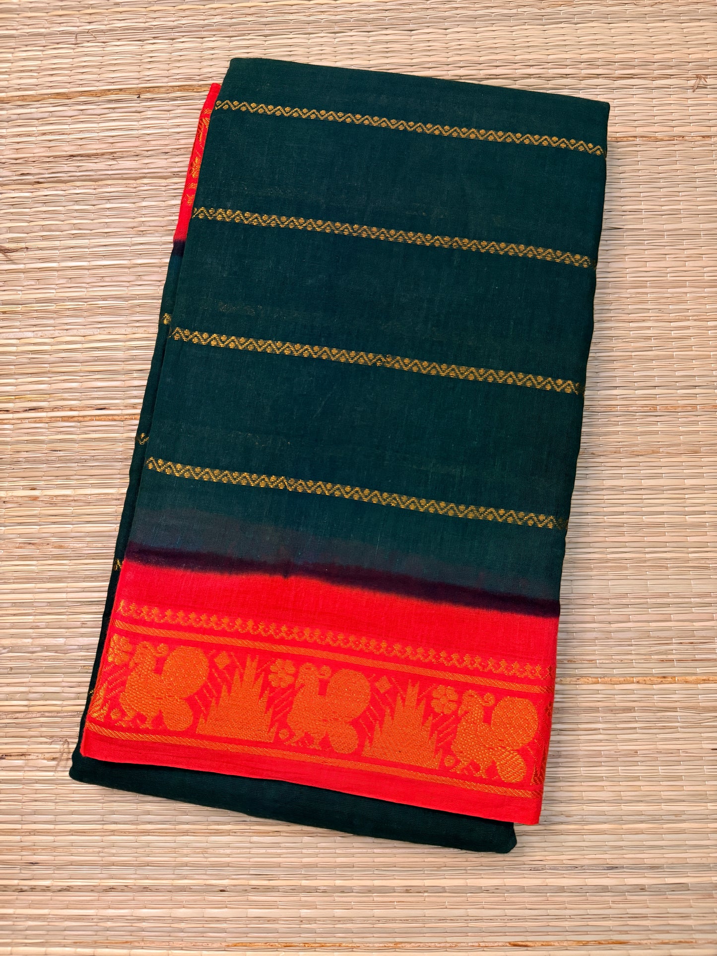 Bottle Green & Red Sungudi Cotton Saree with Gold Stripe Body & Peacock Zari Border