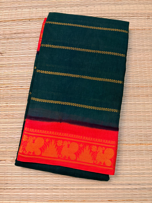 Bottle Green & Red Sungudi Cotton Saree with Gold Stripe Body & Peacock Zari Border