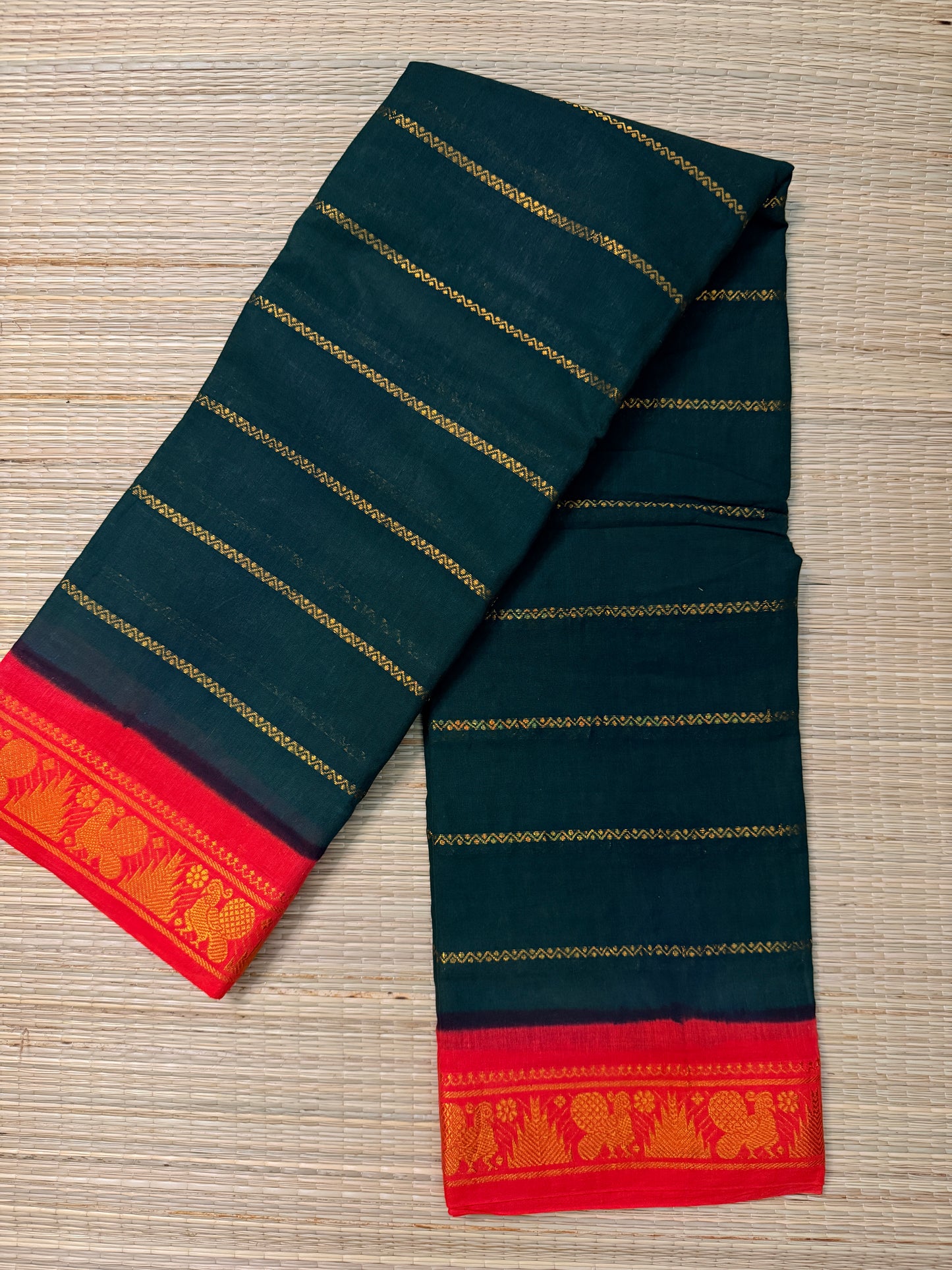 Bottle Green & Red Sungudi Cotton Saree with Gold Stripe Body & Peacock Zari Border