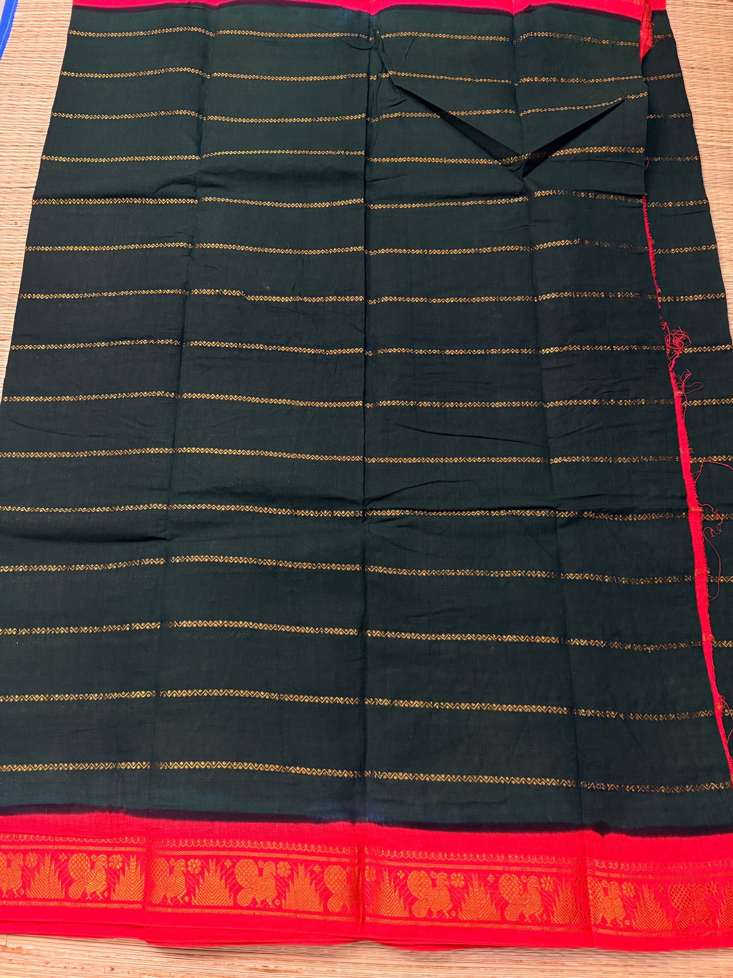 Bottle Green & Red Sungudi Cotton Saree with Gold Stripe Body & Peacock Zari Border