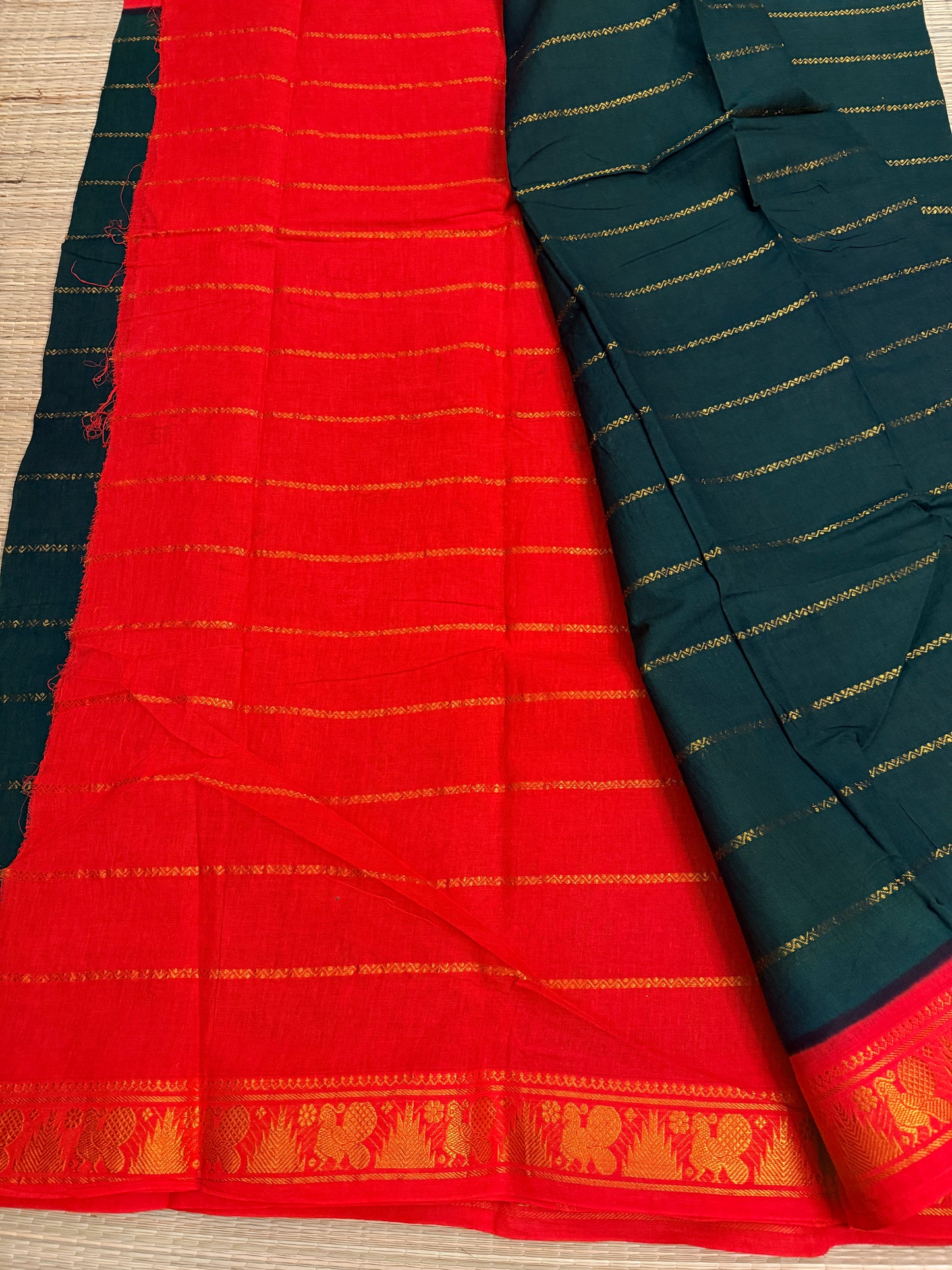 Bottle Green & Red Sungudi Cotton Saree with Gold Stripe Body & Peacock Zari Border