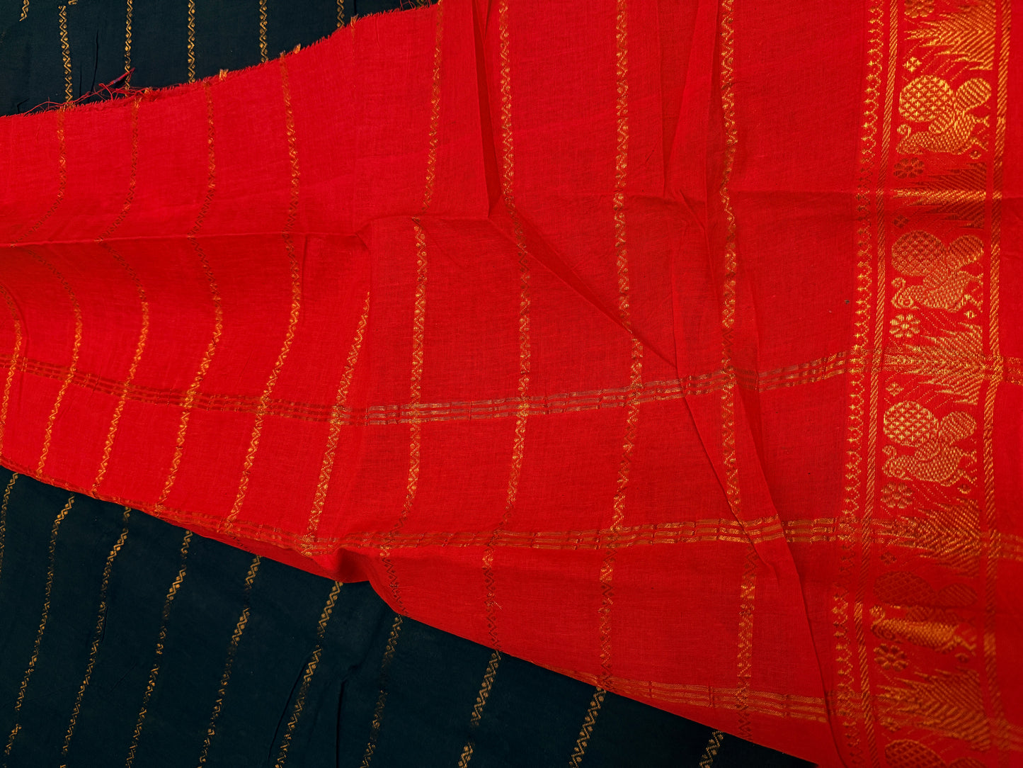 Bottle Green & Red Sungudi Cotton Saree with Gold Stripe Body & Peacock Zari Border