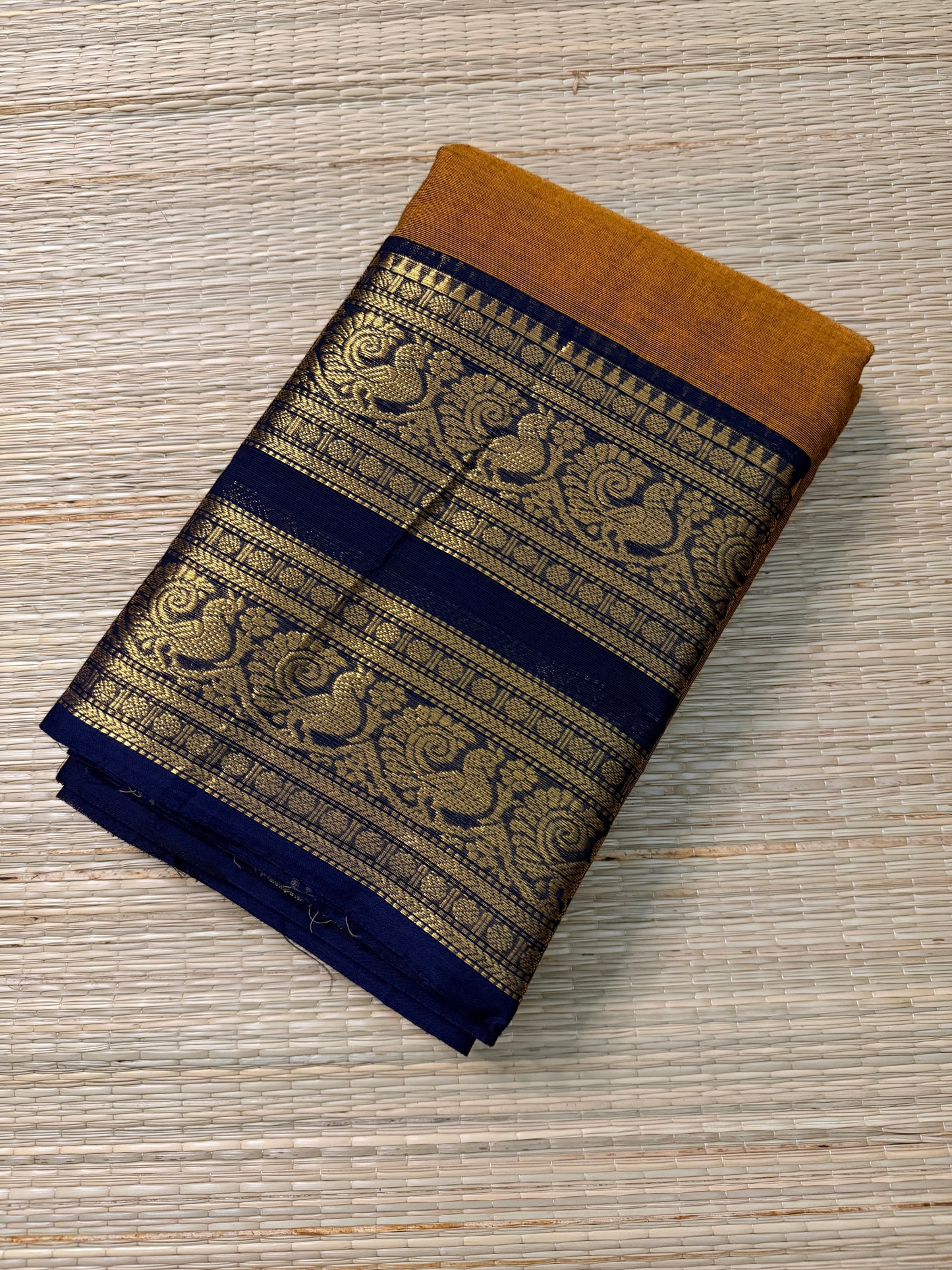 Mustard Kanchi Cotton Chettinadu Saree with Navy Zari Border