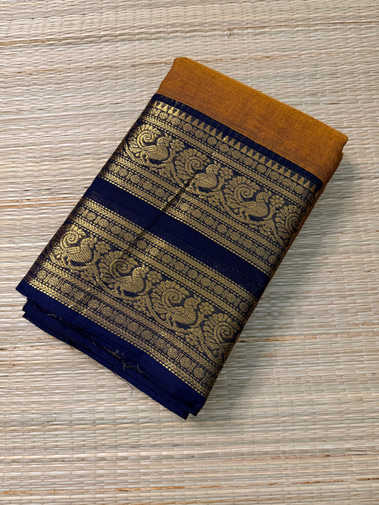 Mustard Kanchi Cotton Chettinadu Saree with Navy Zari Border