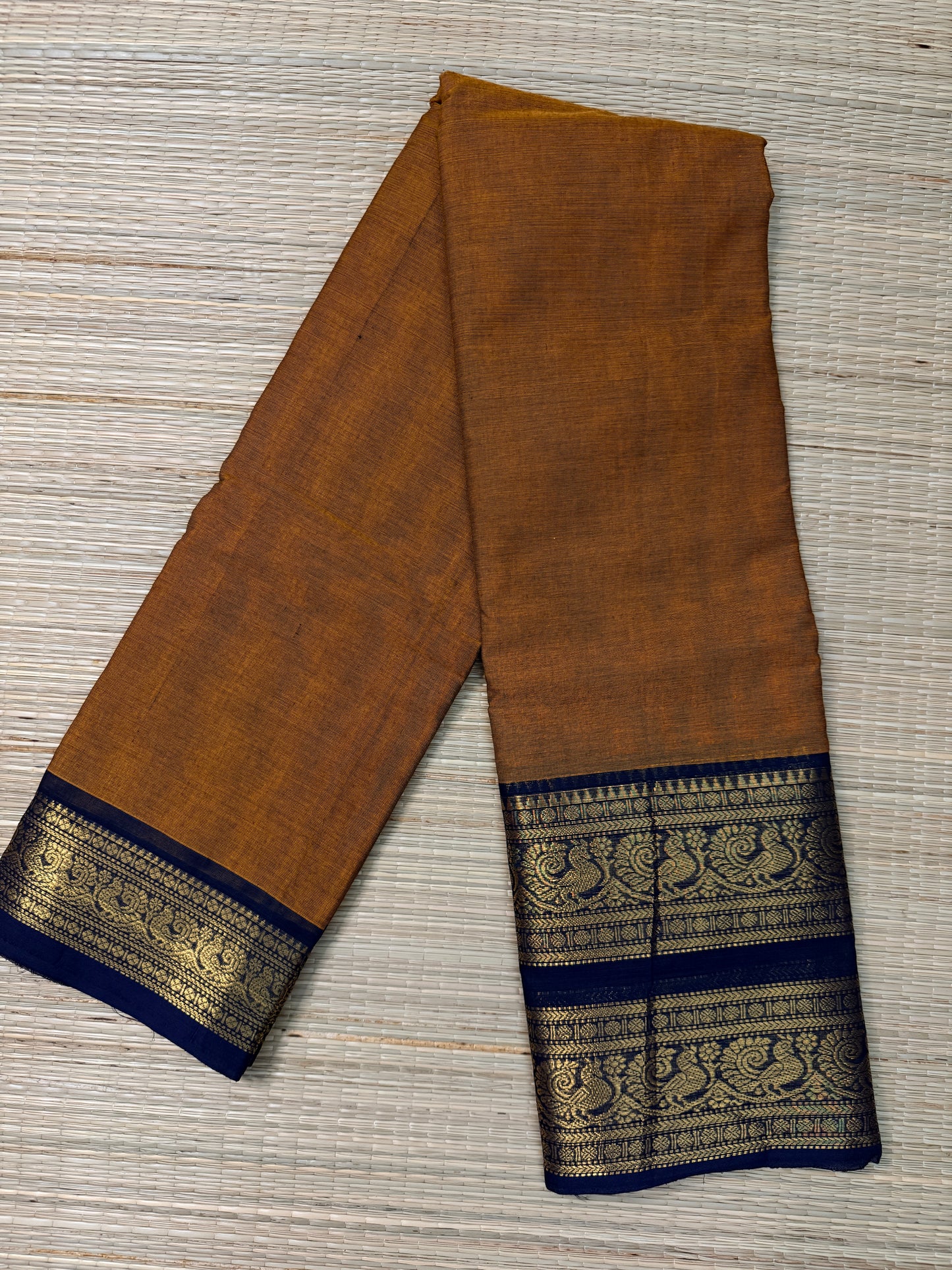 Mustard Kanchi Cotton Chettinadu Saree with Navy Zari Border