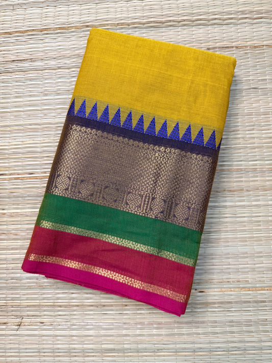 Yellow Kanchi Cotton Saree with Multicolour Zari Border