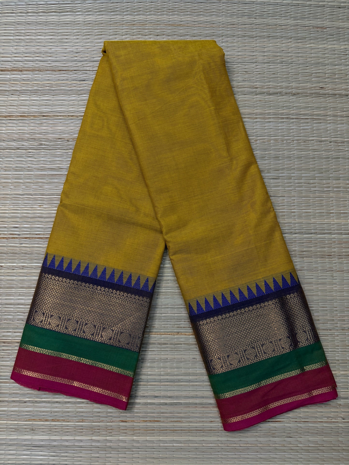 Yellow Kanchi Cotton Saree with Multicolour Zari Border