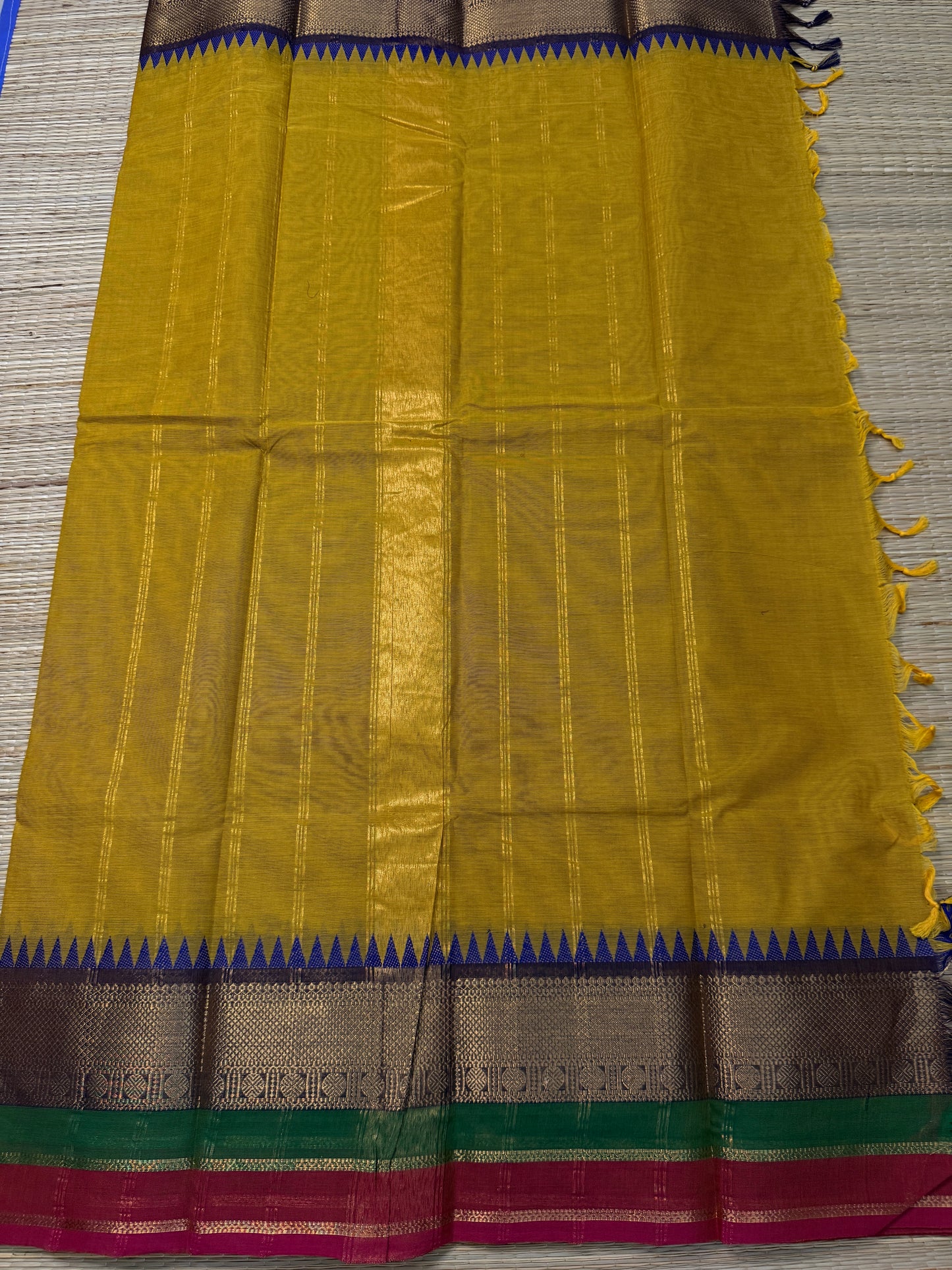 Yellow Kanchi Cotton Saree with Multicolour Zari Border