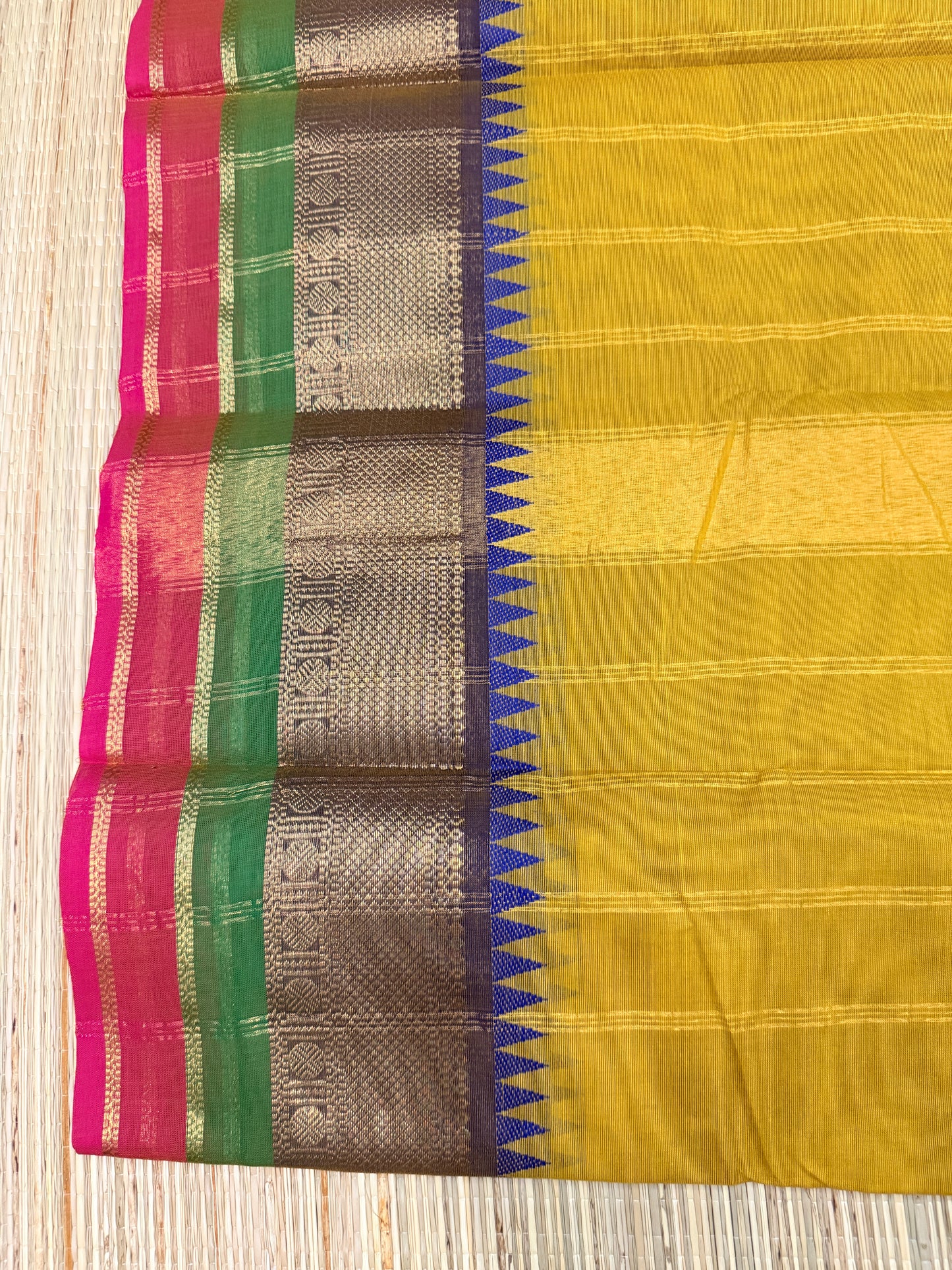 Yellow Kanchi Cotton Saree with Multicolour Zari Border