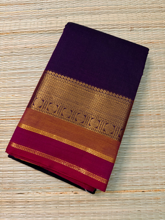 Violet Kanchi Cotton Saree with Antique Gold Zari & Magenta Border
