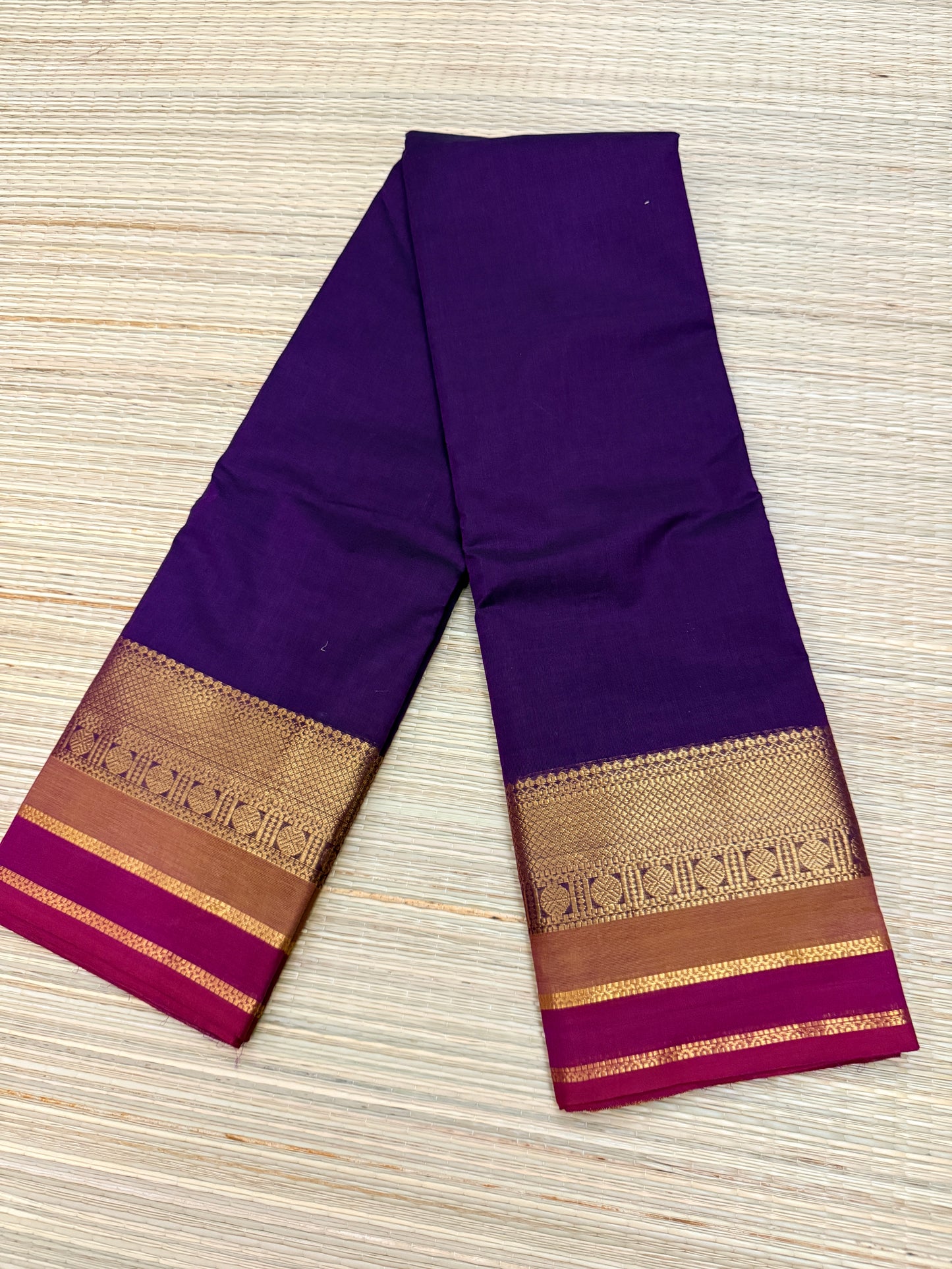 Violet Kanchi Cotton Saree with Antique Gold Zari & Magenta Border