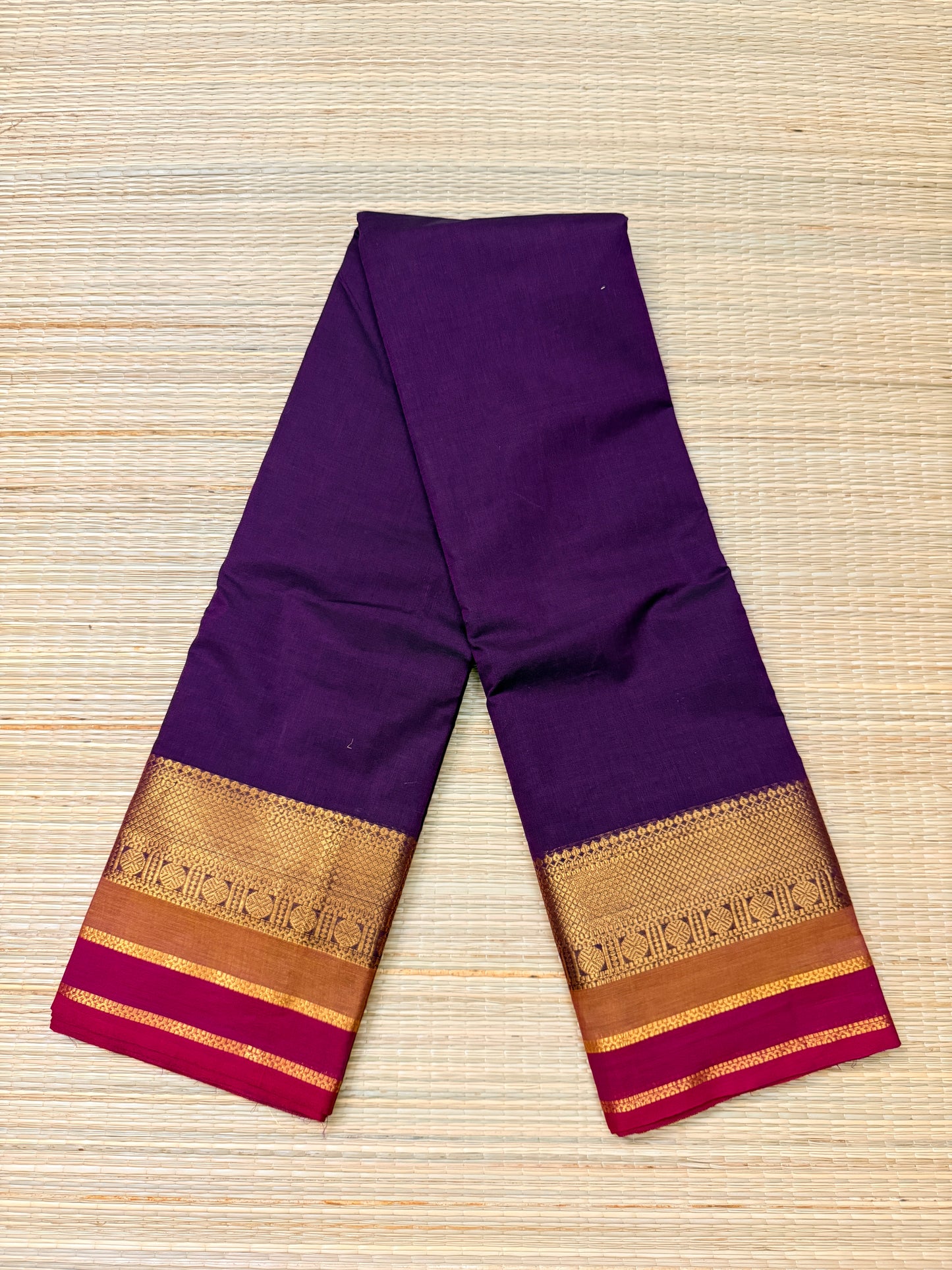 Violet Kanchi Cotton Saree with Antique Gold Zari & Magenta Border