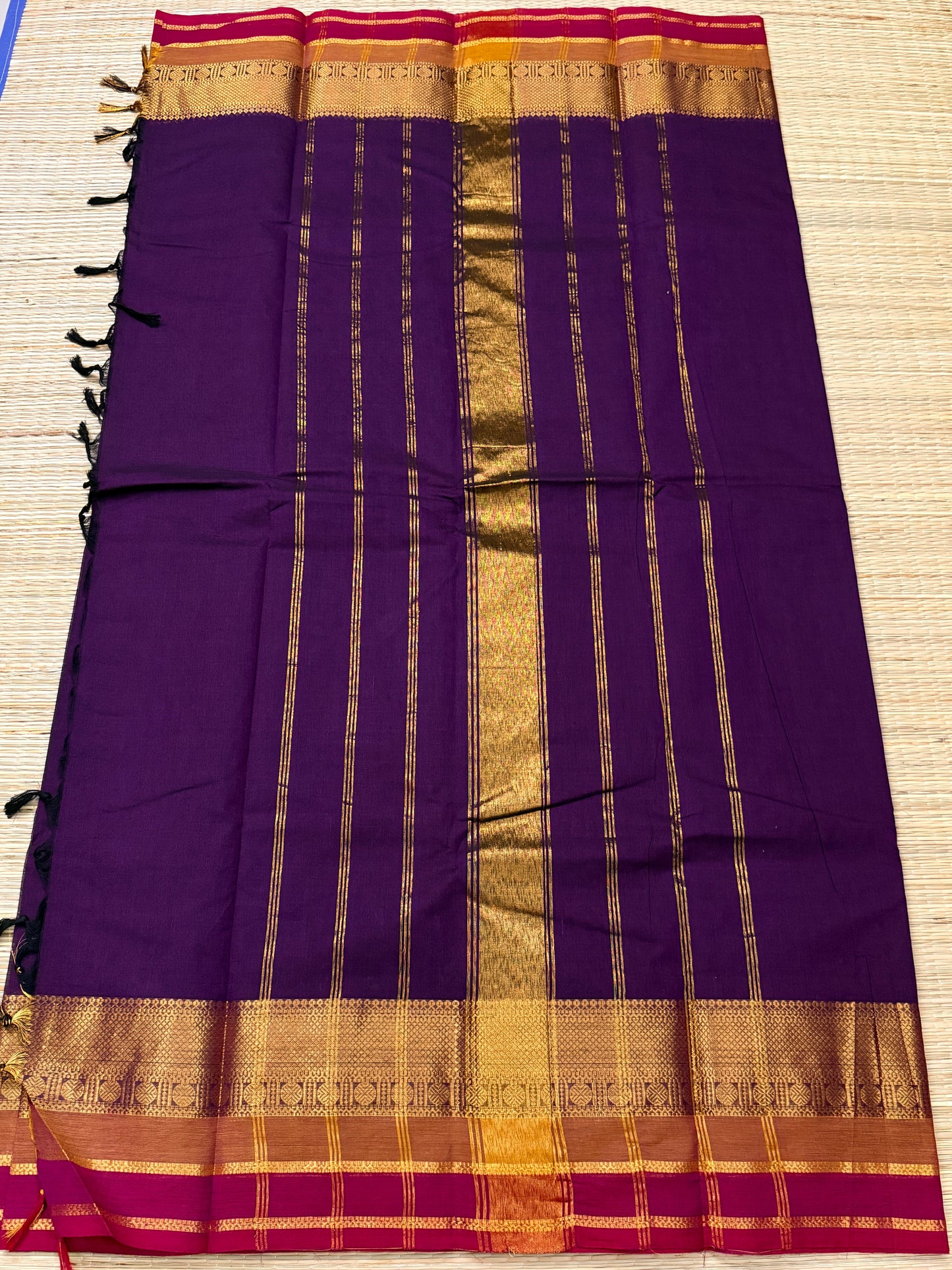 Violet Kanchi Cotton Saree with Antique Gold Zari & Magenta Border