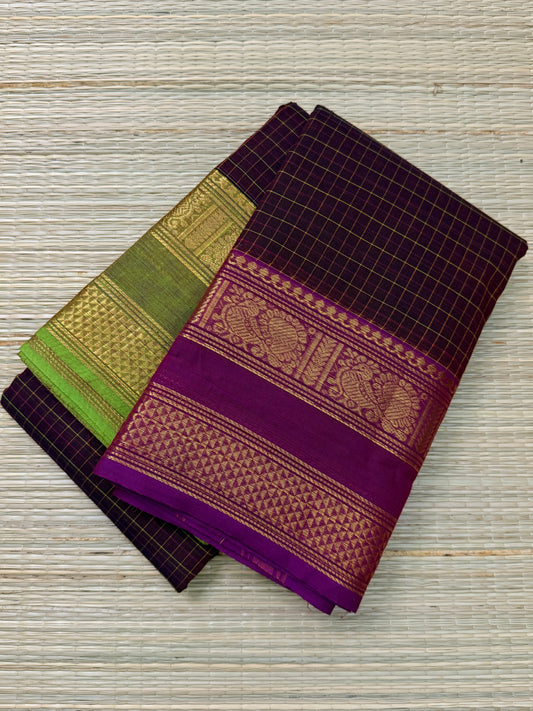 Wine Kanchi Cotton Saree with Ganga Jamuna Zari Border