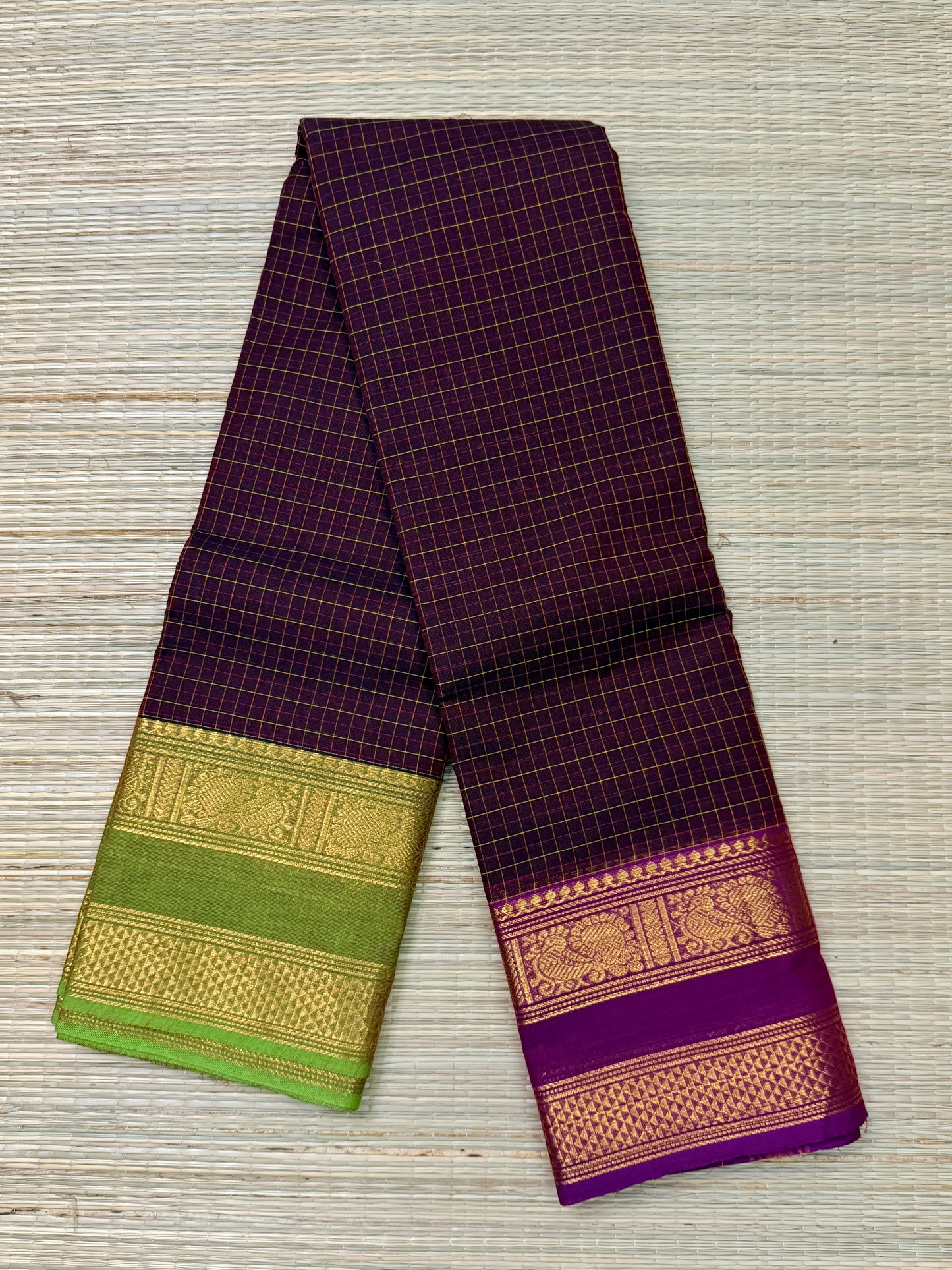 Wine Kanchi Cotton Saree with Ganga Jamuna Zari Border