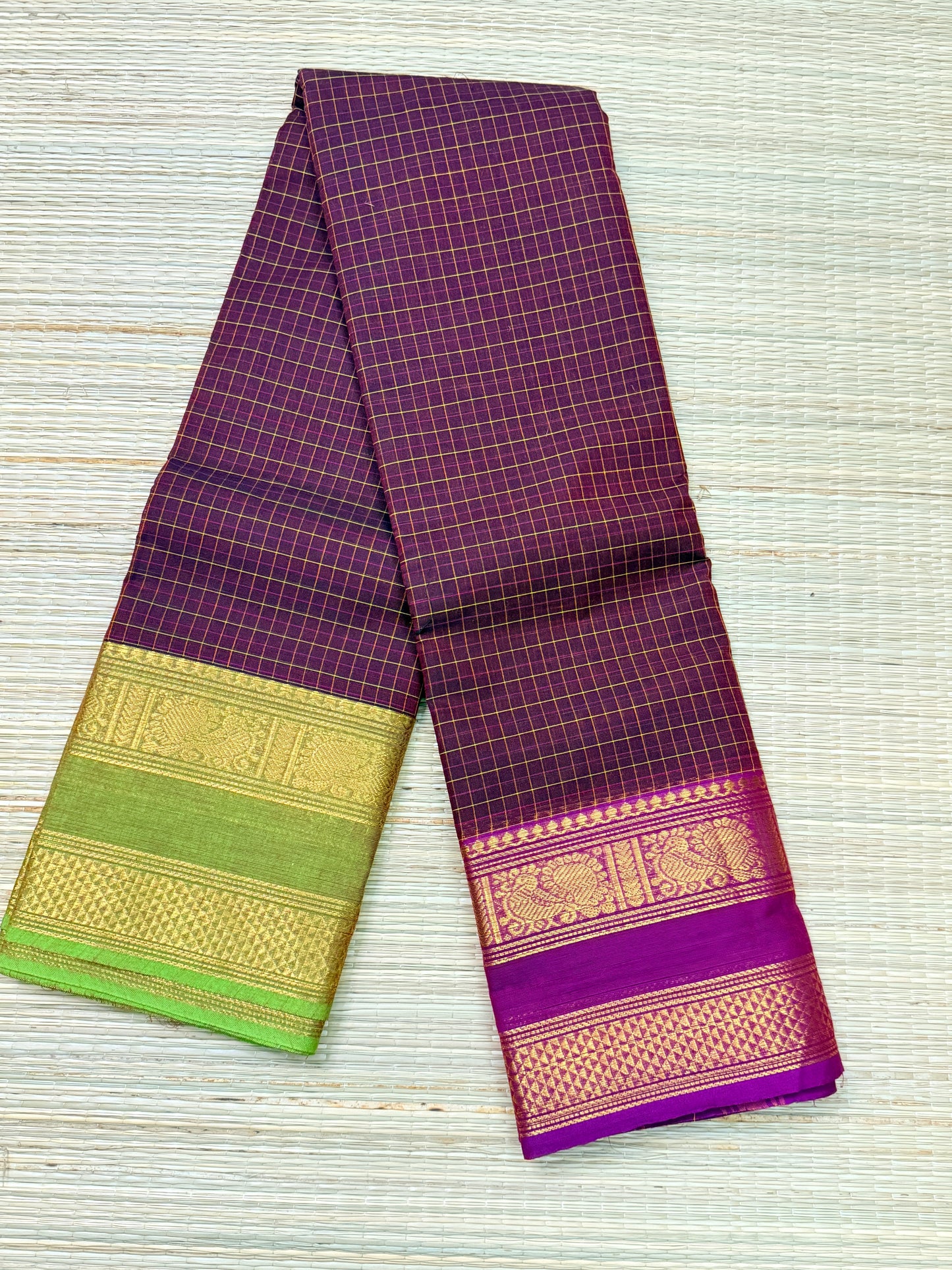 Wine Kanchi Cotton Saree with Ganga Jamuna Zari Border