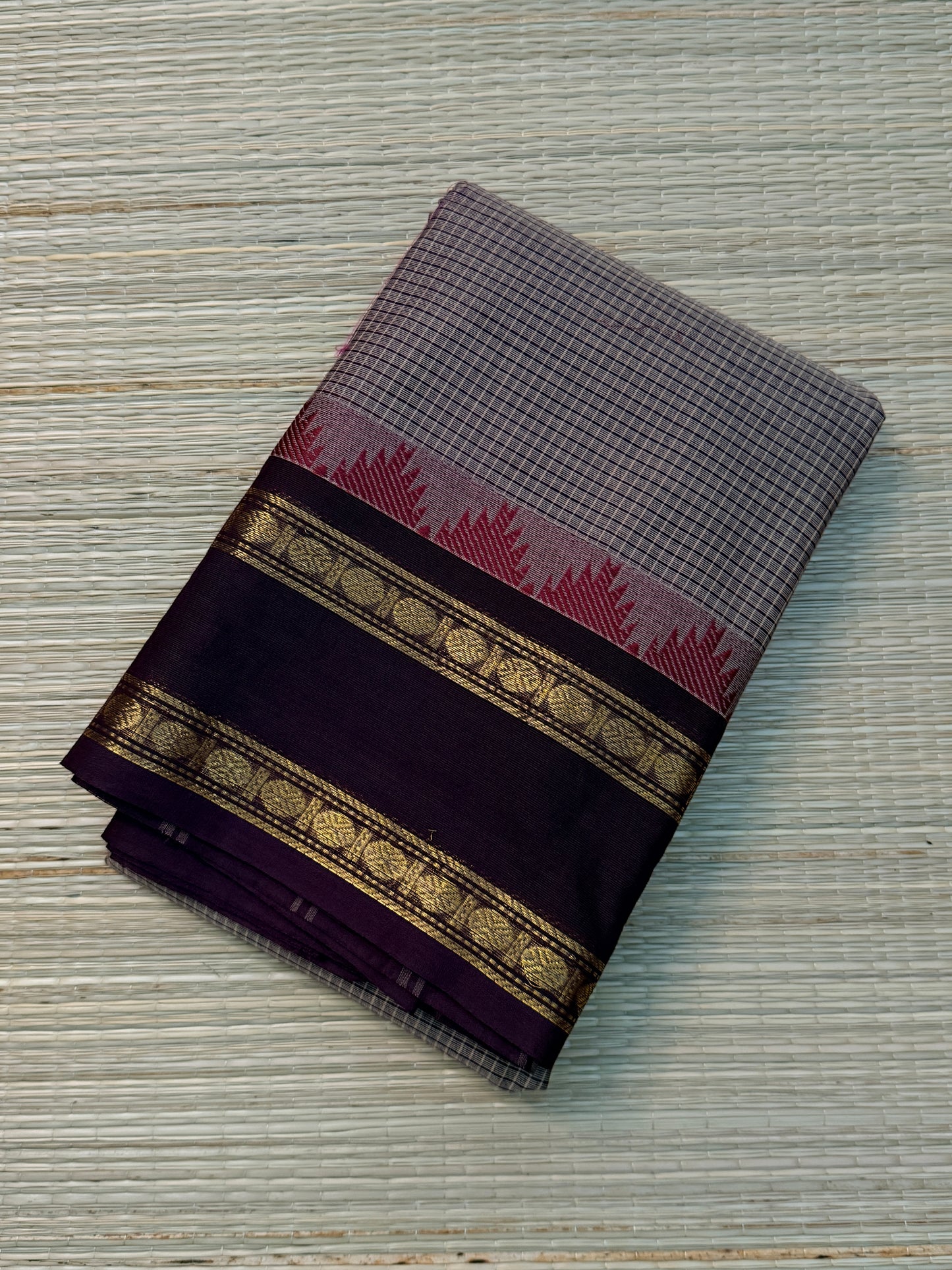 Grey Mauve Kanchi Cotton Saree with Wine Zari Border & Magenta Korvai