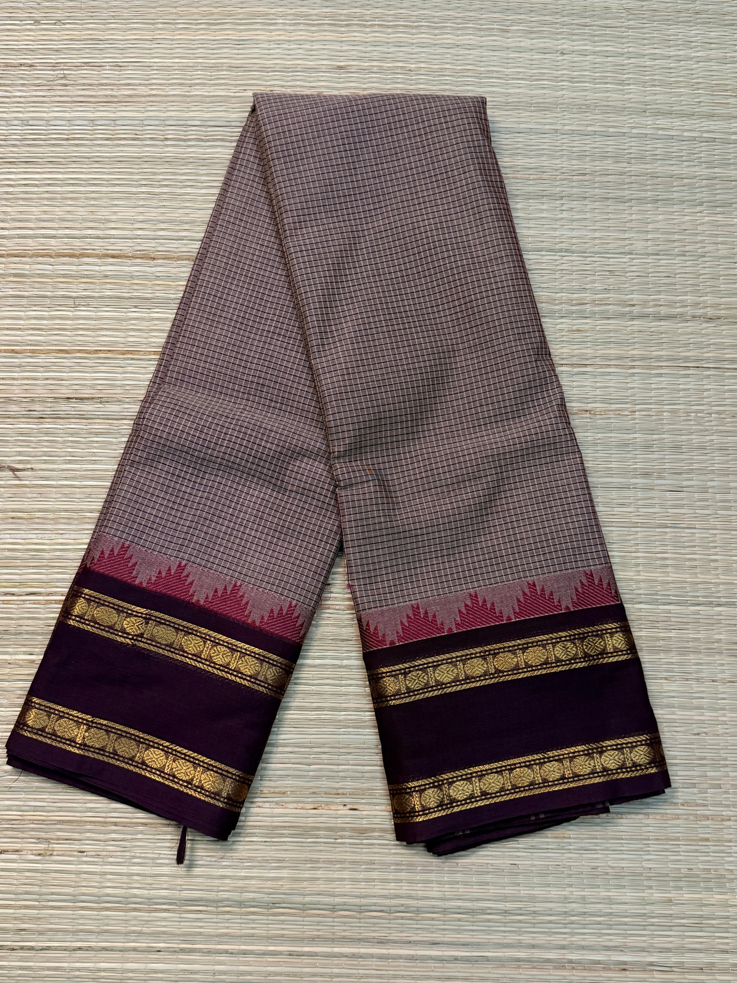 Grey Mauve Kanchi Cotton Saree with Wine Zari Border & Magenta Korvai