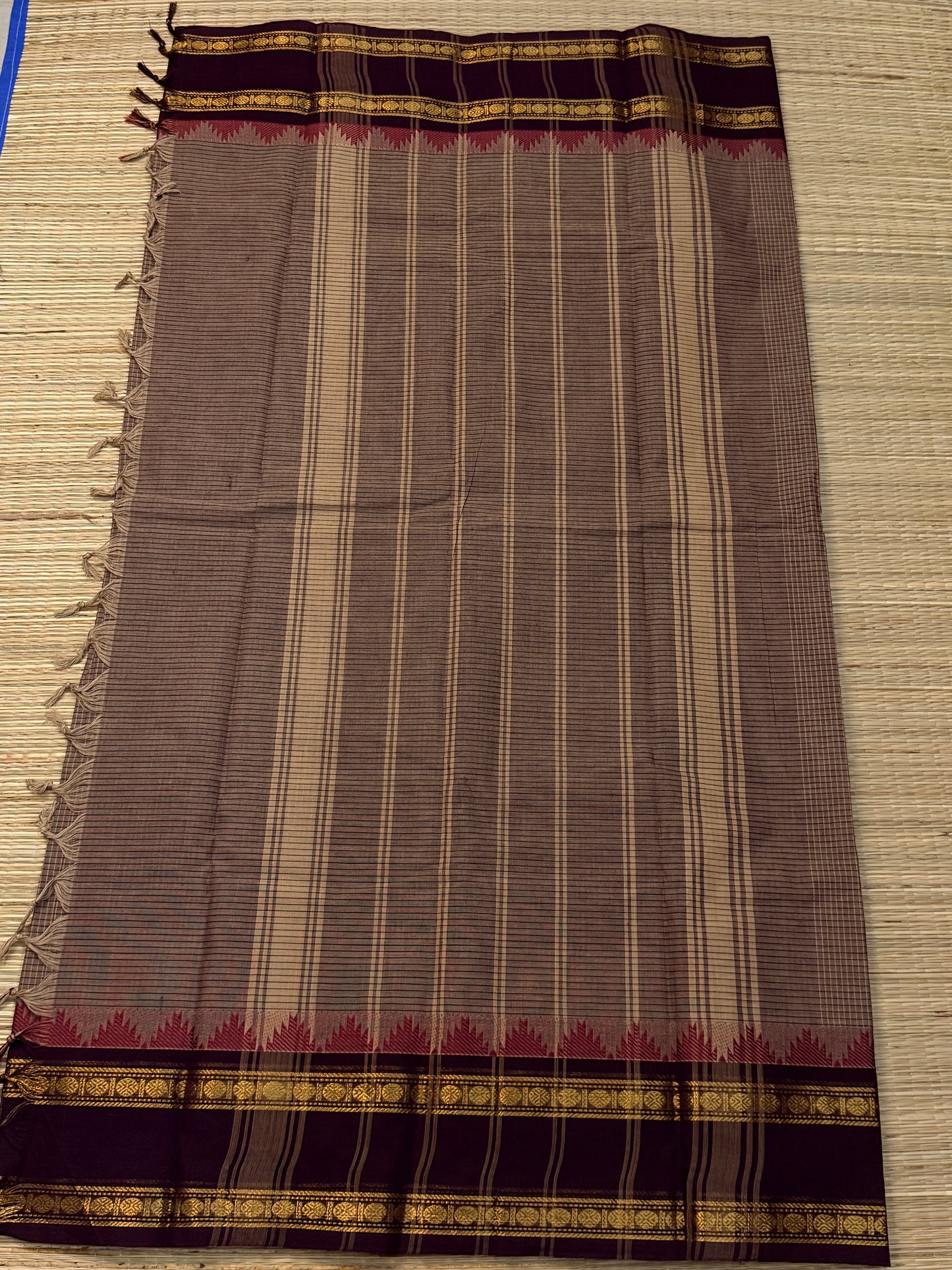 Grey Mauve Kanchi Cotton Saree with Wine Zari Border & Magenta Korvai