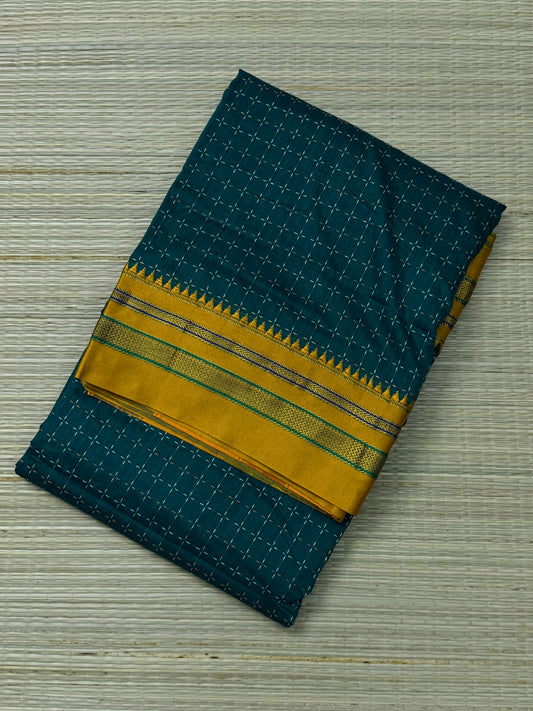 Teal Kanchi Cotton Saree with All-Over Embroidery & Mustard Kottadi Border