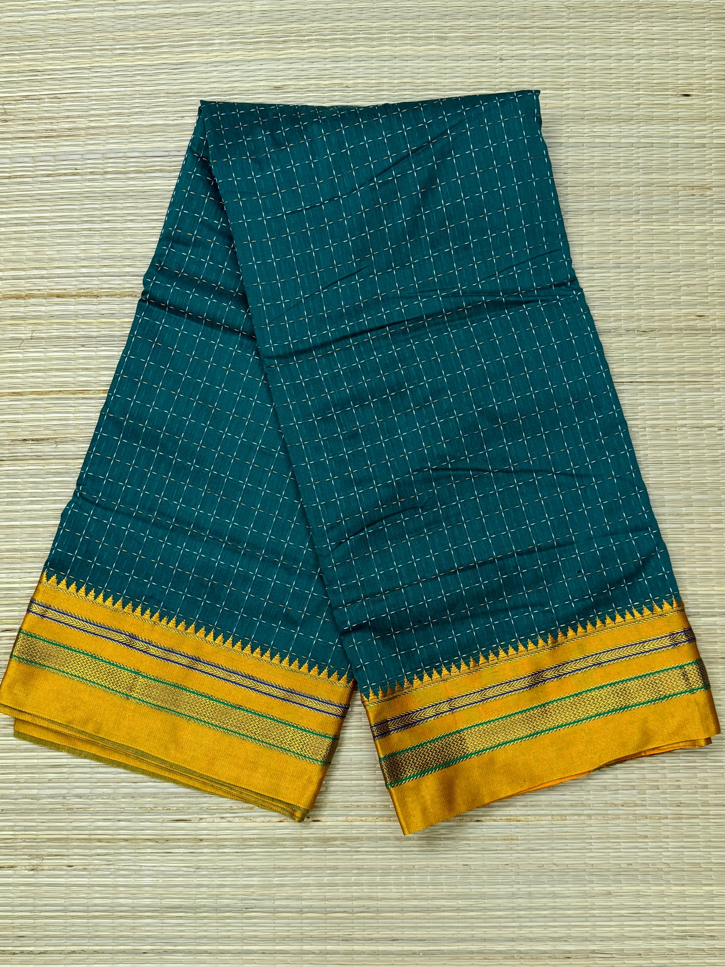 Teal Kanchi Cotton Saree with All-Over Embroidery & Mustard Kottadi Border