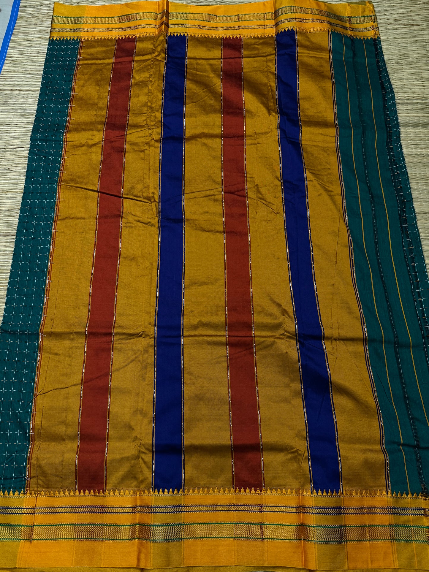 Teal Kanchi Cotton Saree with All-Over Embroidery & Mustard Kottadi Border
