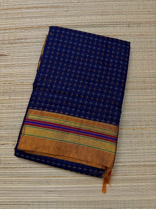 Navy Blue Kanchi Cotton Saree with All-Over Embroidery & Copper Zari Border