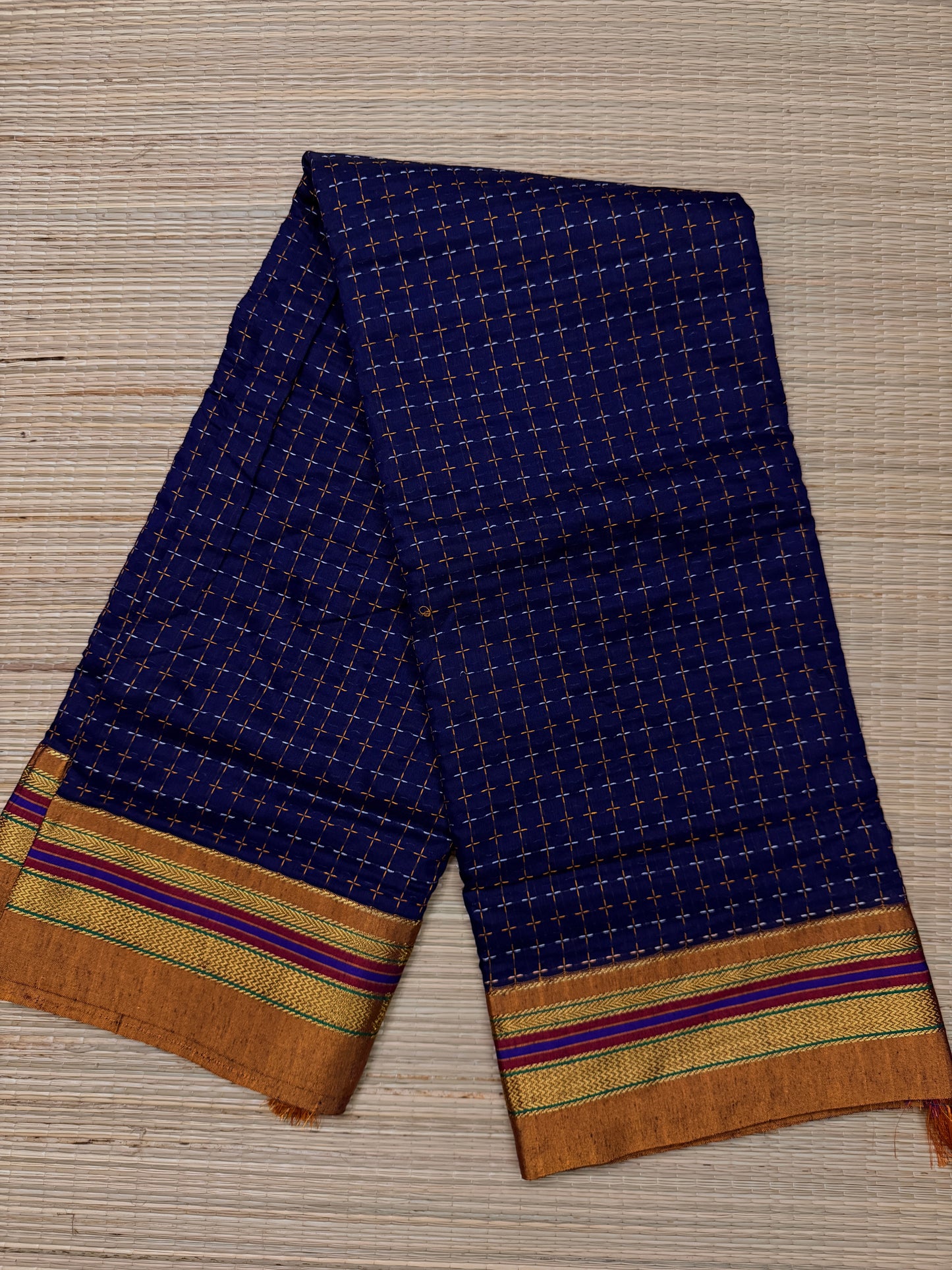 Navy Blue Kanchi Cotton Saree with All-Over Embroidery & Copper Zari Border