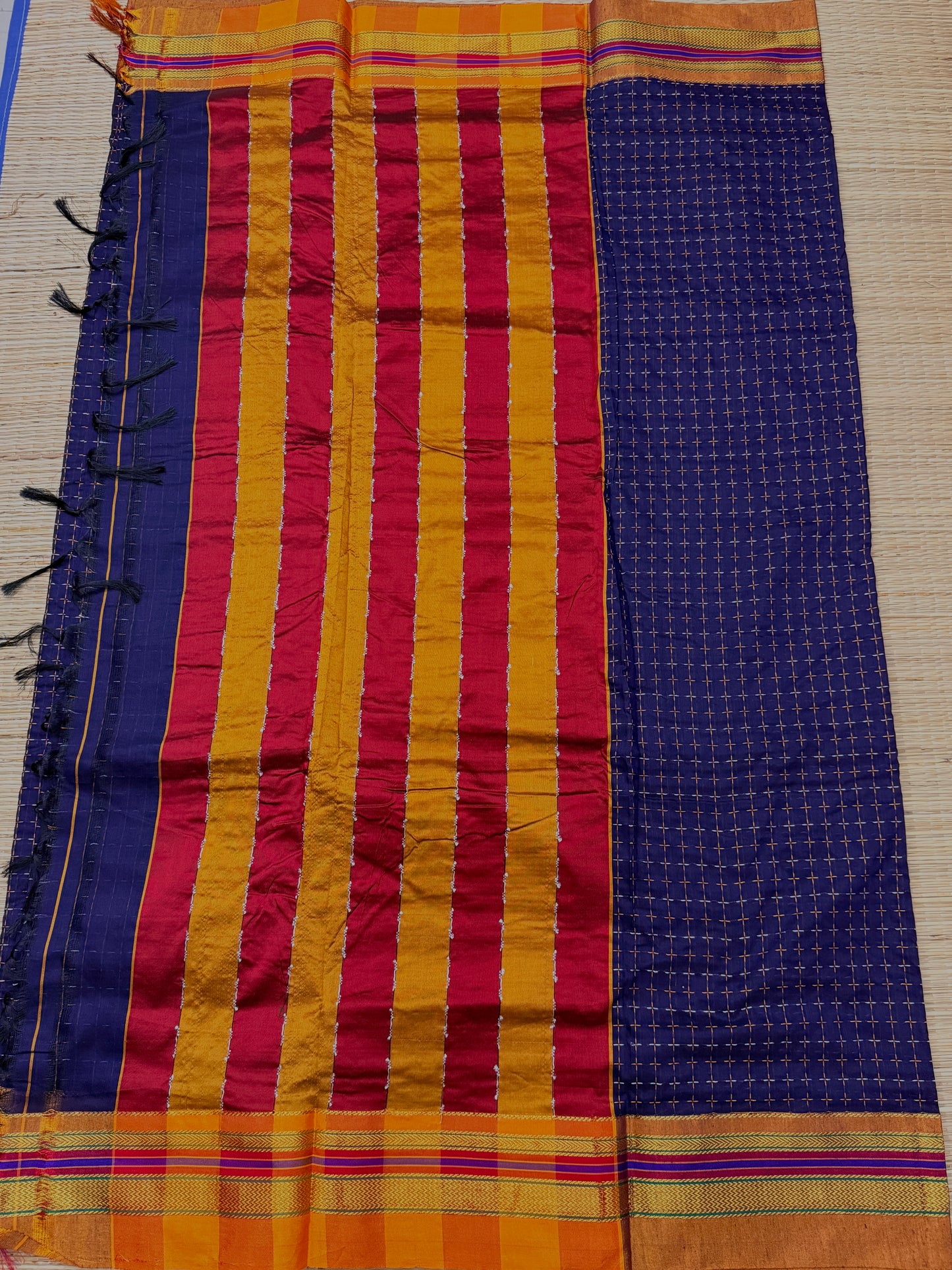 Navy Blue Kanchi Cotton Saree with All-Over Embroidery & Copper Zari Border