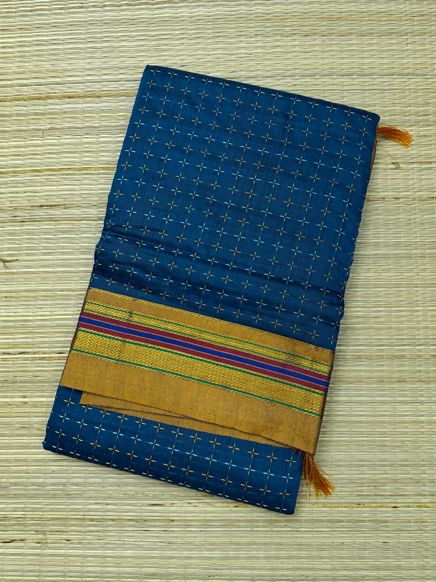 Teal Blue Kanchi Cotton Saree with All-Over Embroidery & Copper Zari Border