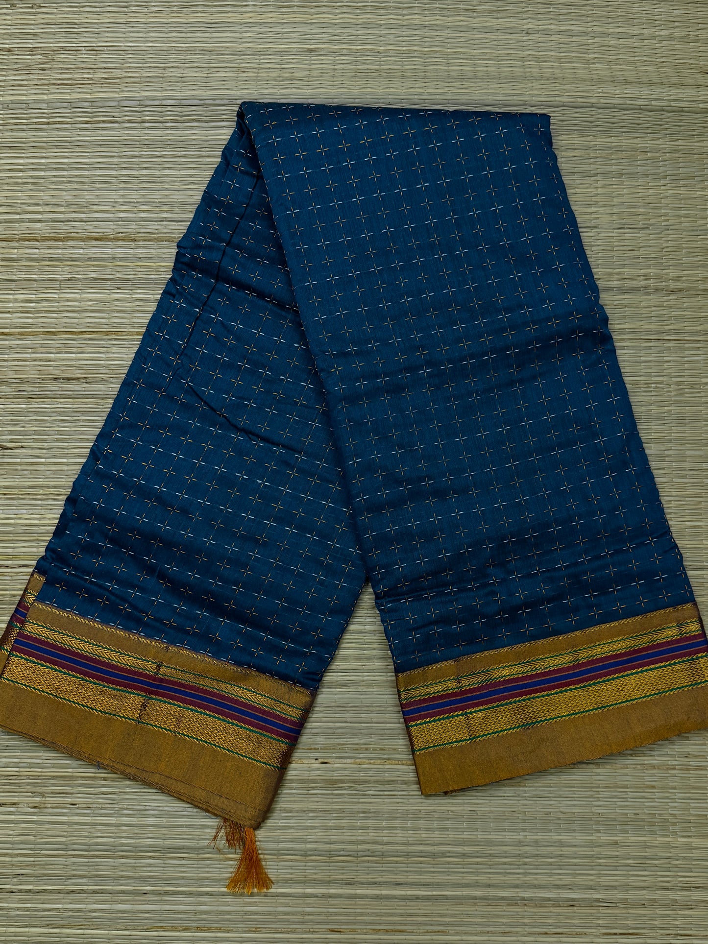 Teal Blue Kanchi Cotton Saree with All-Over Embroidery & Copper Zari Border