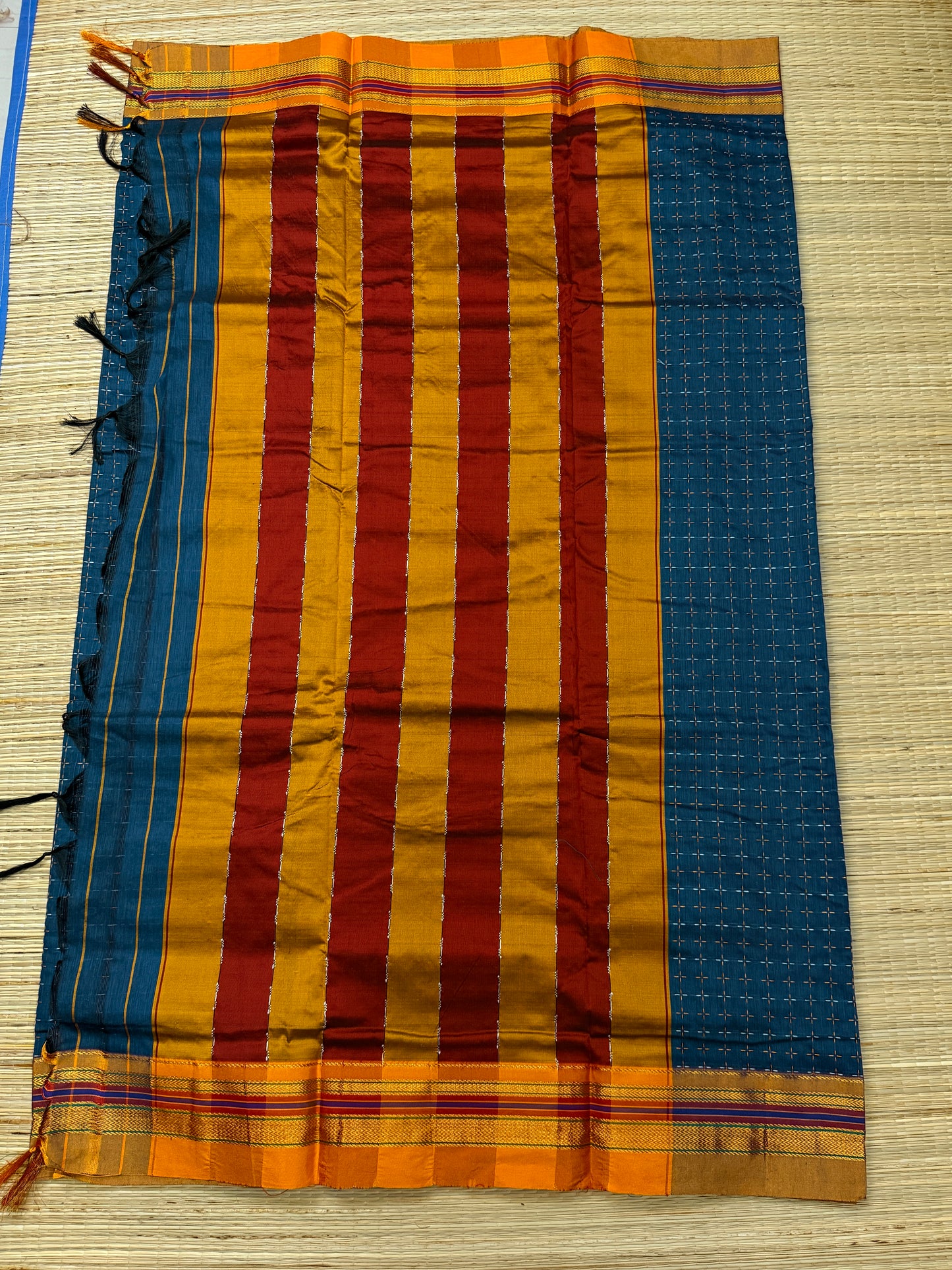 Teal Blue Kanchi Cotton Saree with All-Over Embroidery & Copper Zari Border