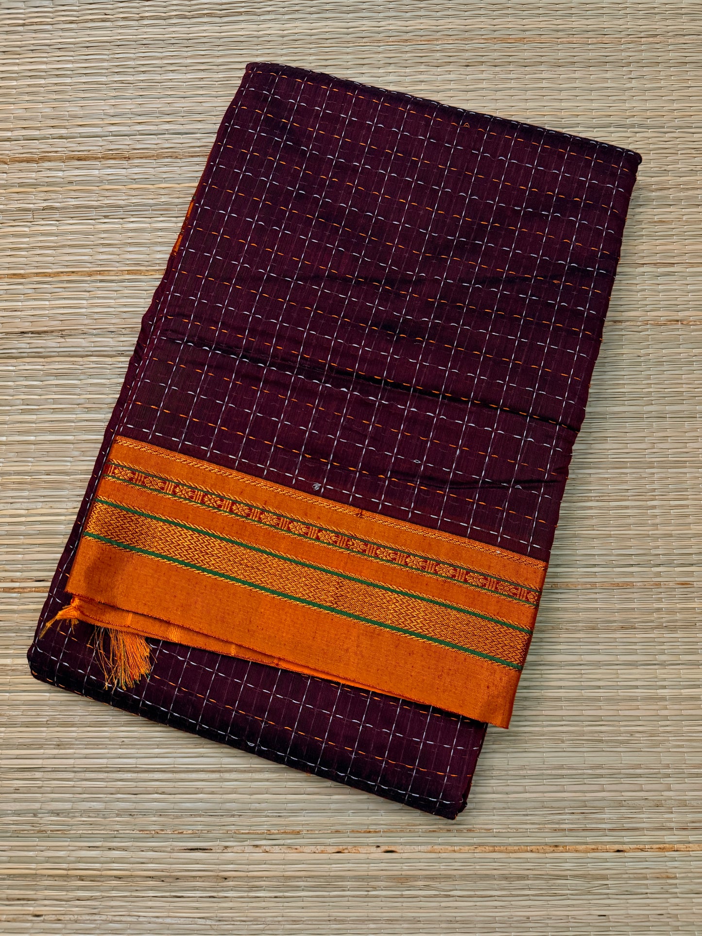 Wine Purple Kanchi Cotton Saree with All-Over Embroidery & Orange Zari Border
