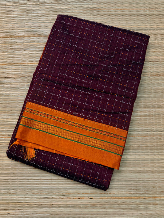 Wine Purple Kanchi Cotton Saree with All-Over Embroidery & Orange Zari Border