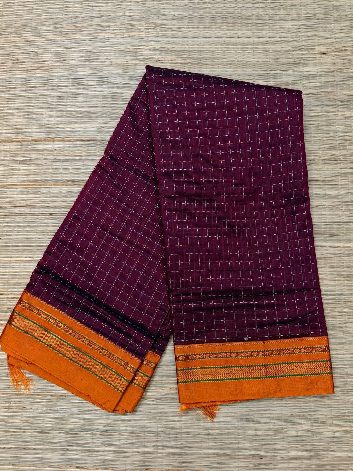 Wine Purple Kanchi Cotton Saree with All-Over Embroidery & Orange Zari Border