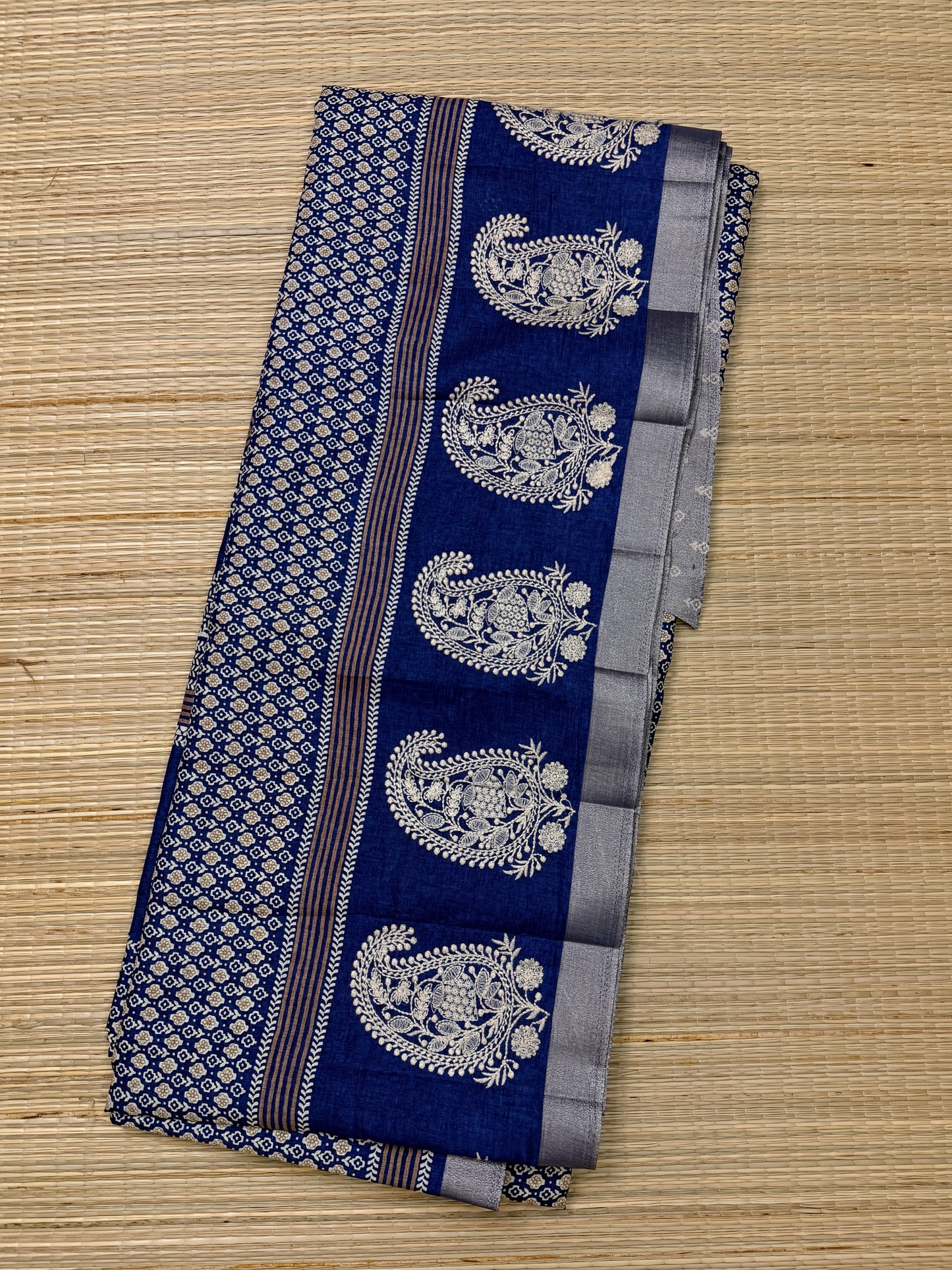 Navy Blue Tussar Silk Saree with All-Over Embroidery & Paisley Embroidered Pallu