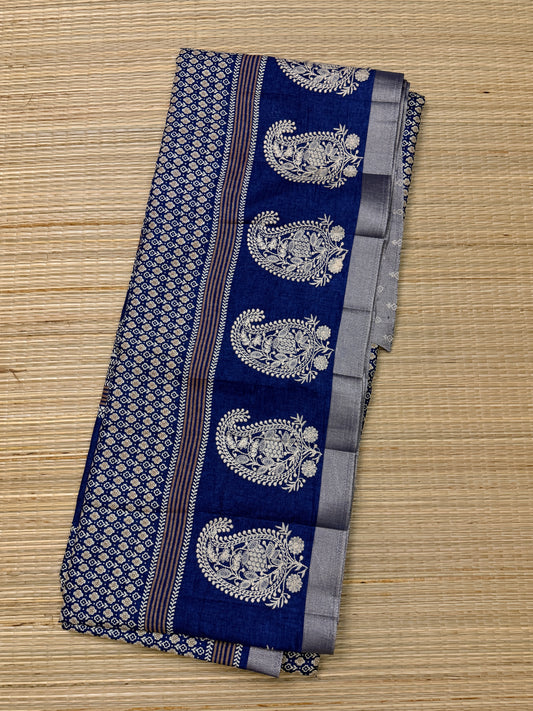 Navy Blue Tussar Silk Saree with All-Over Embroidery & Paisley Embroidered Pallu