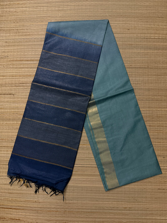 Dual Tone Navy & Sky Blue Tussar Silk Saree with Gold Zari Stripes & Bronze Border