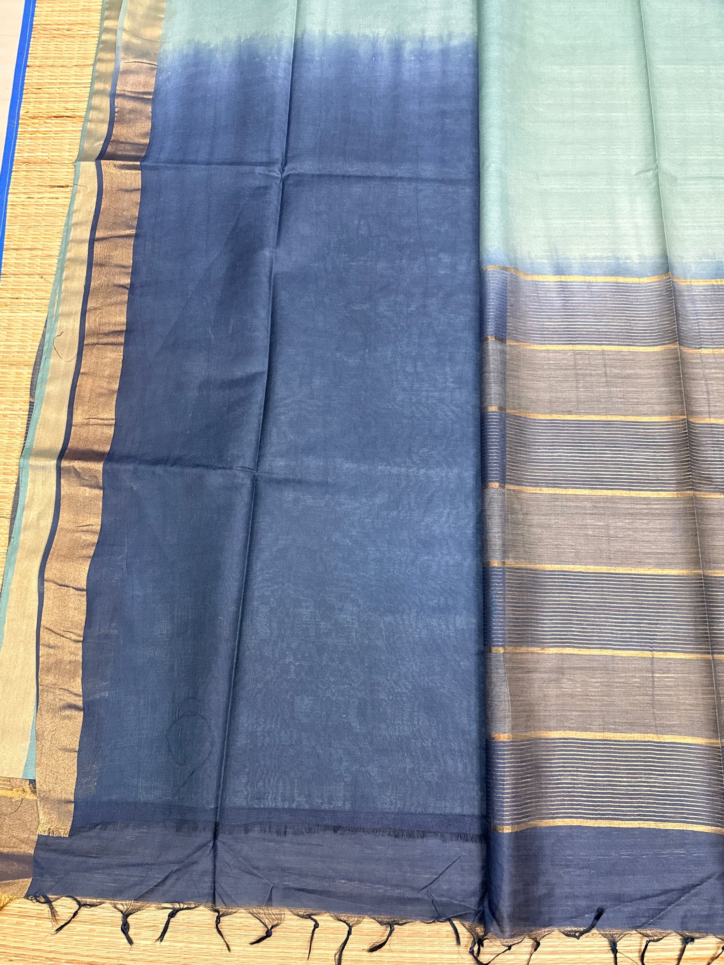 Dual Tone Navy & Sky Blue Tussar Silk Saree with Gold Zari Stripes & Bronze Border