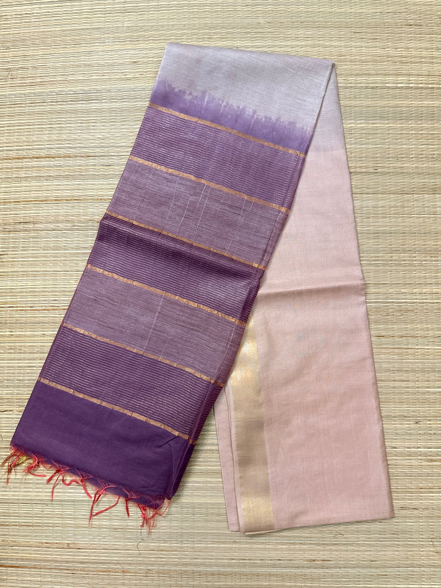 Dual Tone Purple & Blush Pink Tussar Silk Saree with Gold Zari Stripes & Border