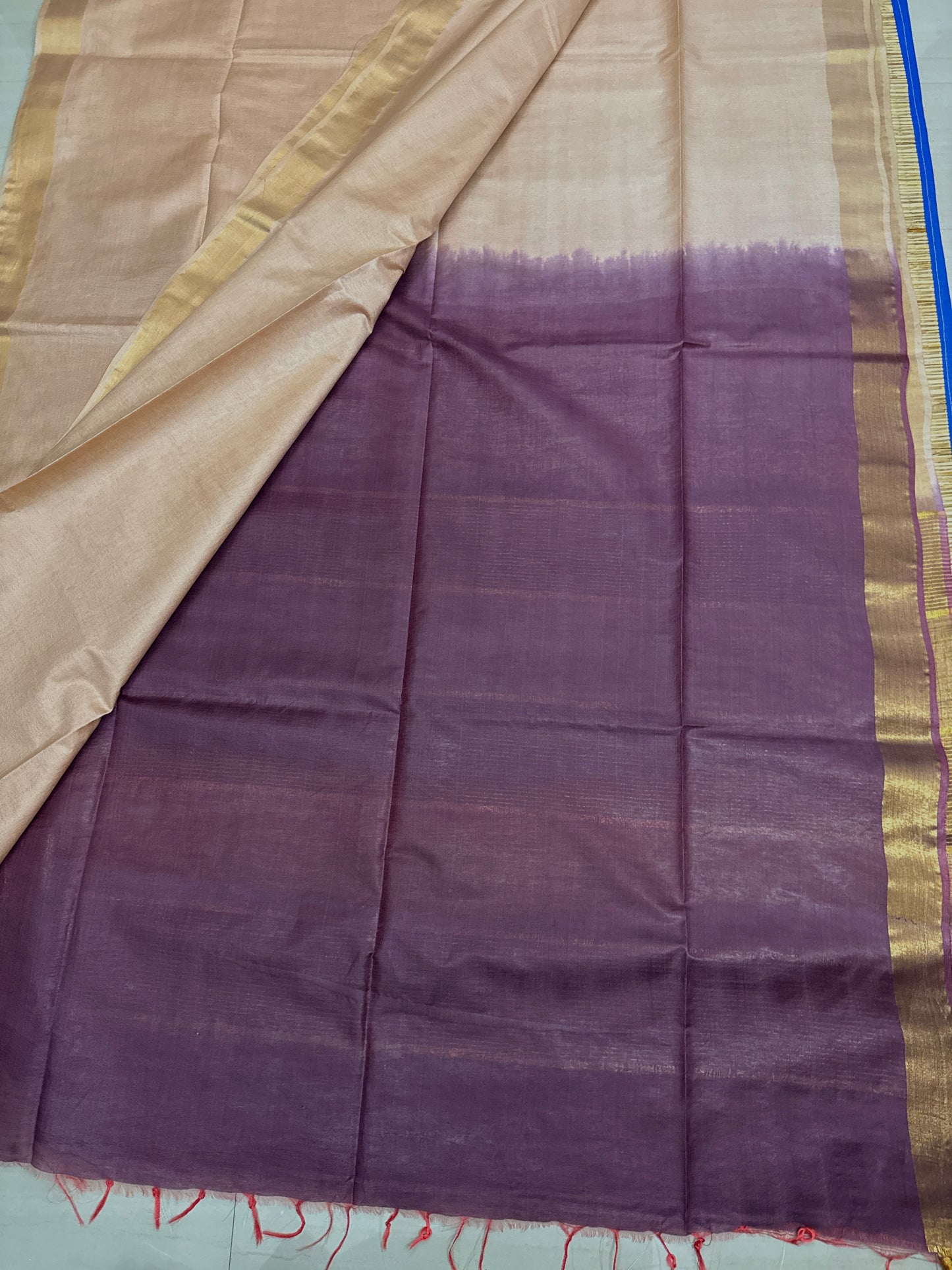 Dual Tone Purple & Blush Pink Tussar Silk Saree with Gold Zari Stripes & Border