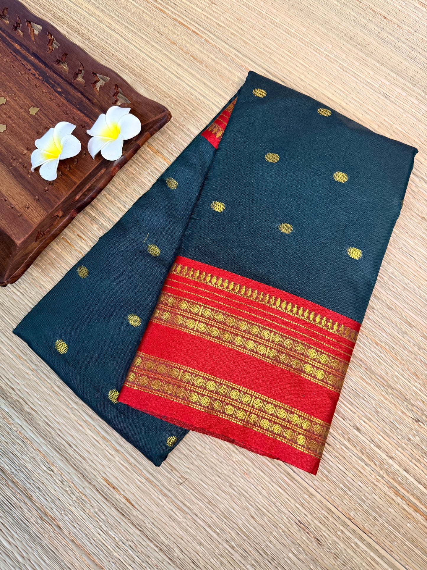 Semi Silk Saree – Deep Teal with Gold Zari Butta & Red Zari Border SS15