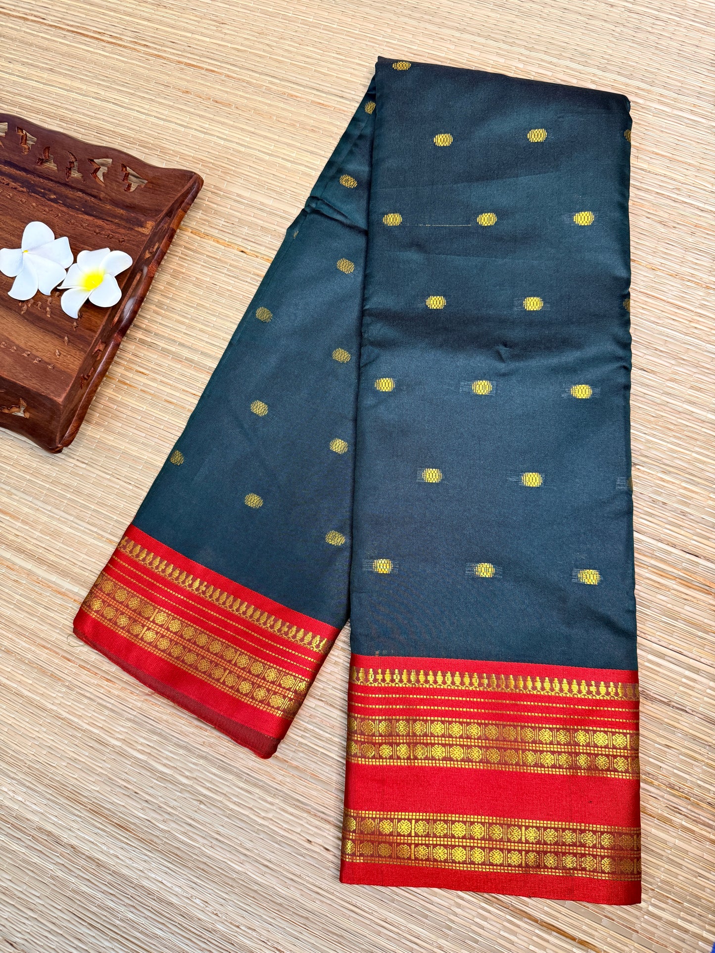 Semi Silk Saree – Deep Teal with Gold Zari Butta & Red Zari Border SS15