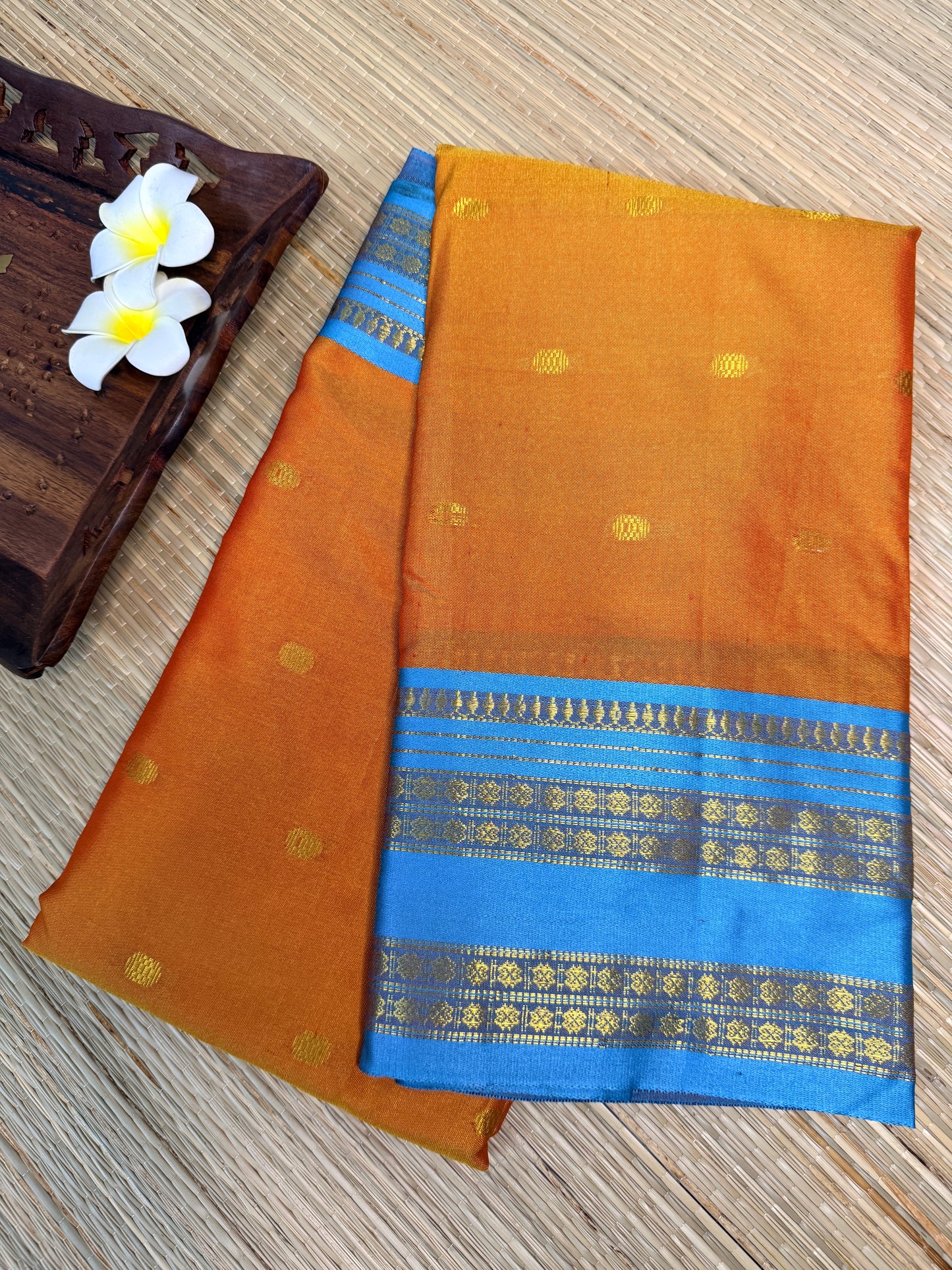 Dual Tone Semi Silk Saree – Mint Green & Orange with Blue Zari Border SS14