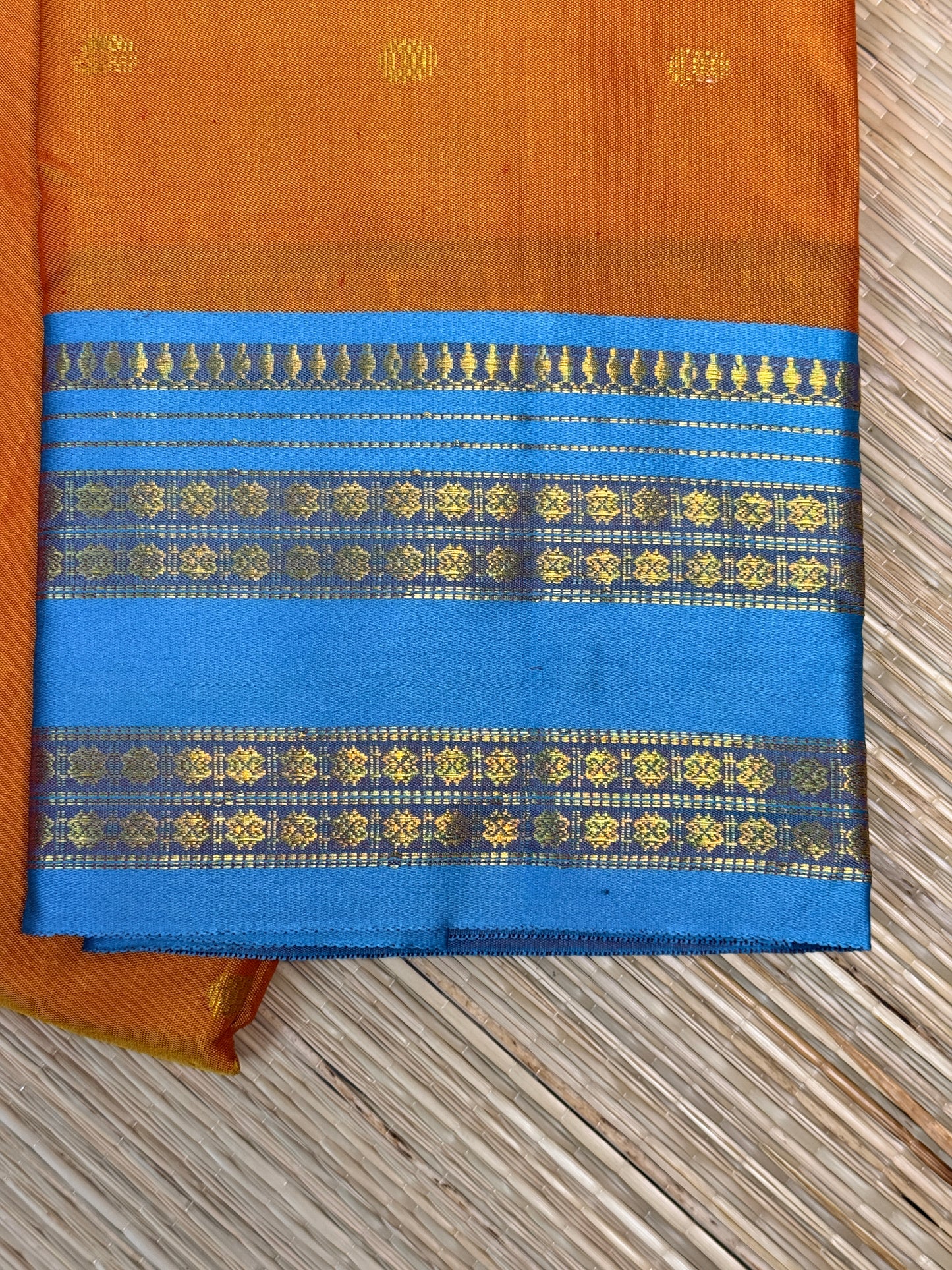 Dual Tone Semi Silk Saree – Mint Green & Orange with Blue Zari Border SS14