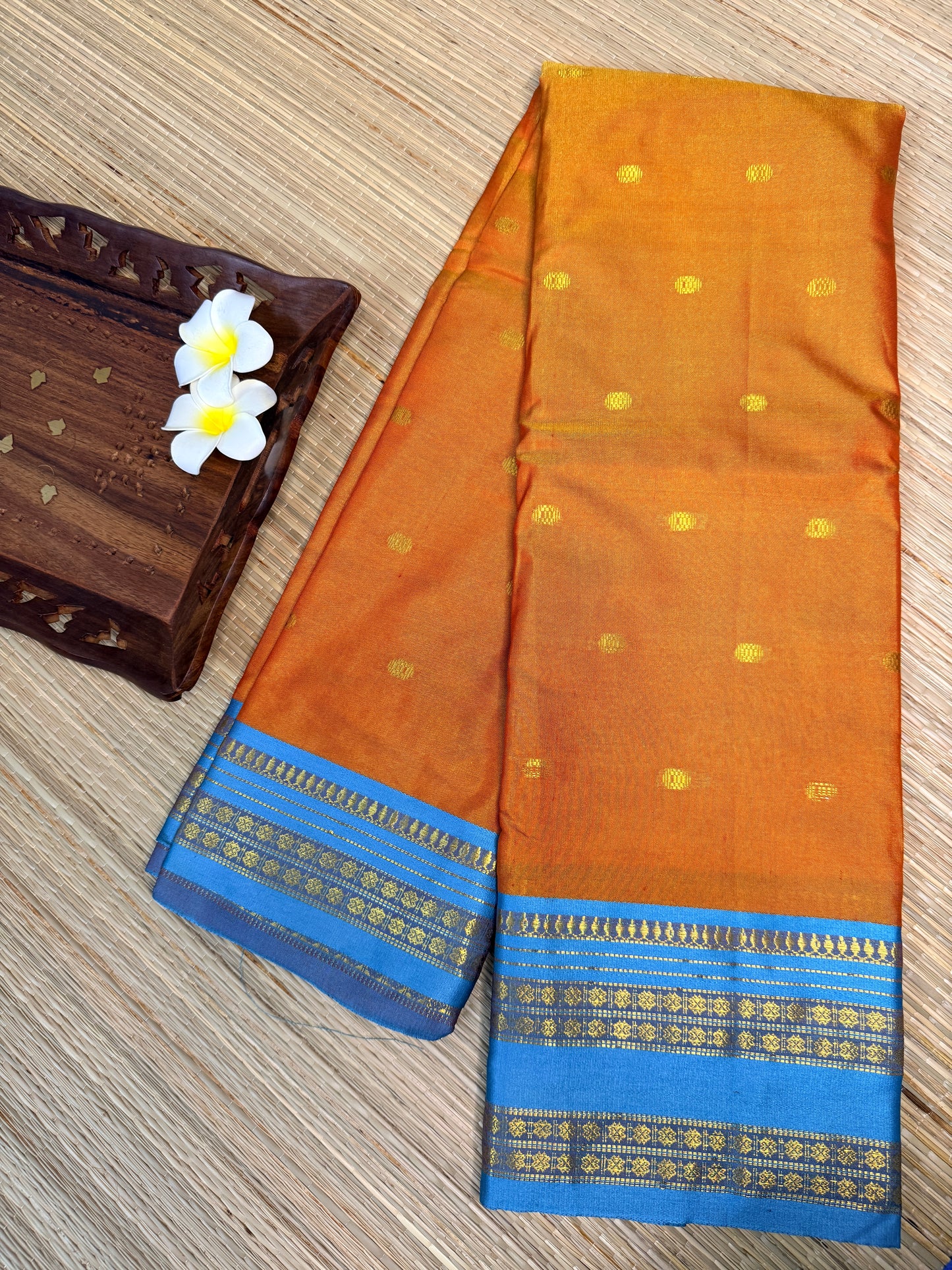 Dual Tone Semi Silk Saree – Mint Green & Orange with Blue Zari Border SS14